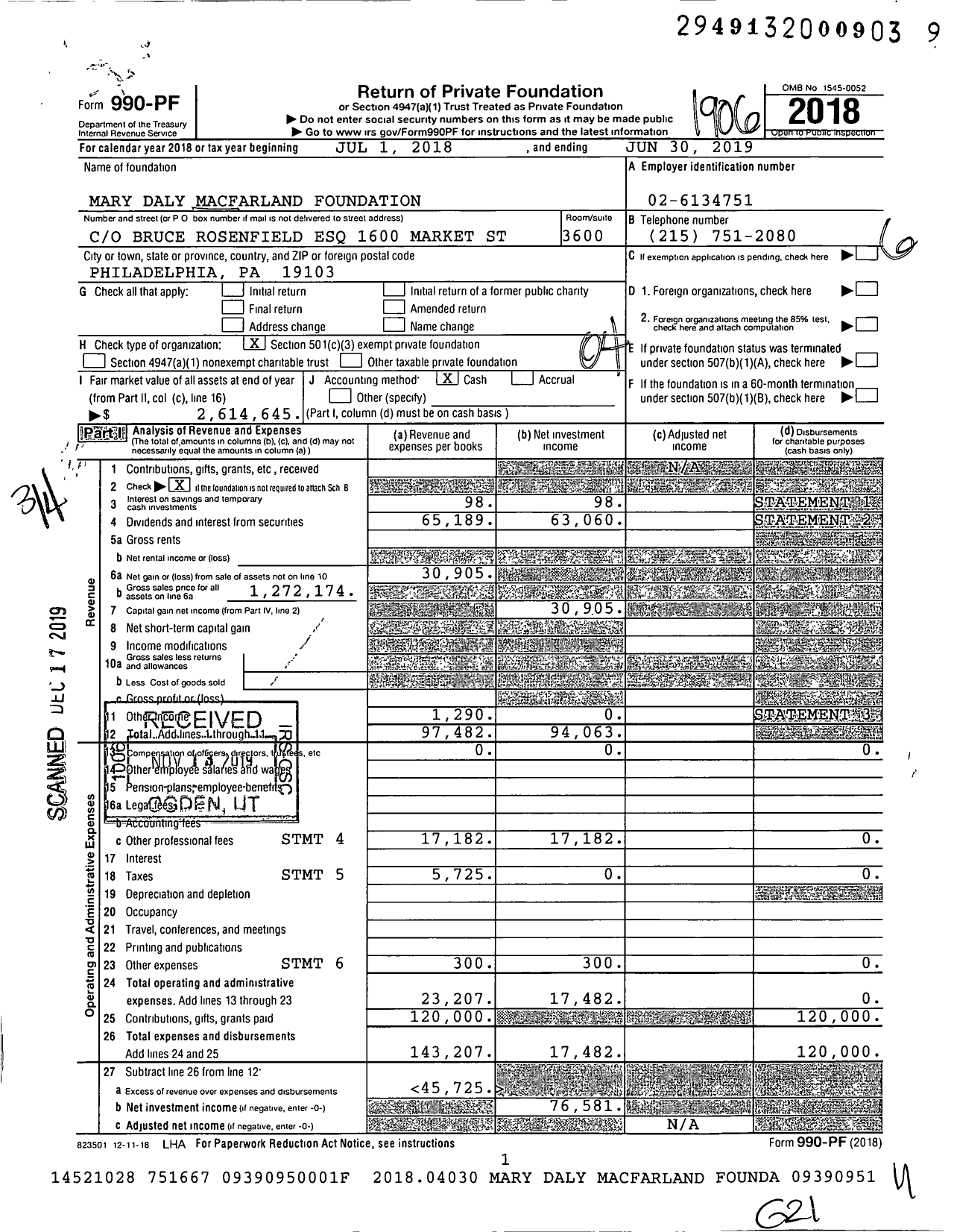 Image of first page of 2018 Form 990PF for Mary Daly Macfarland Foundation