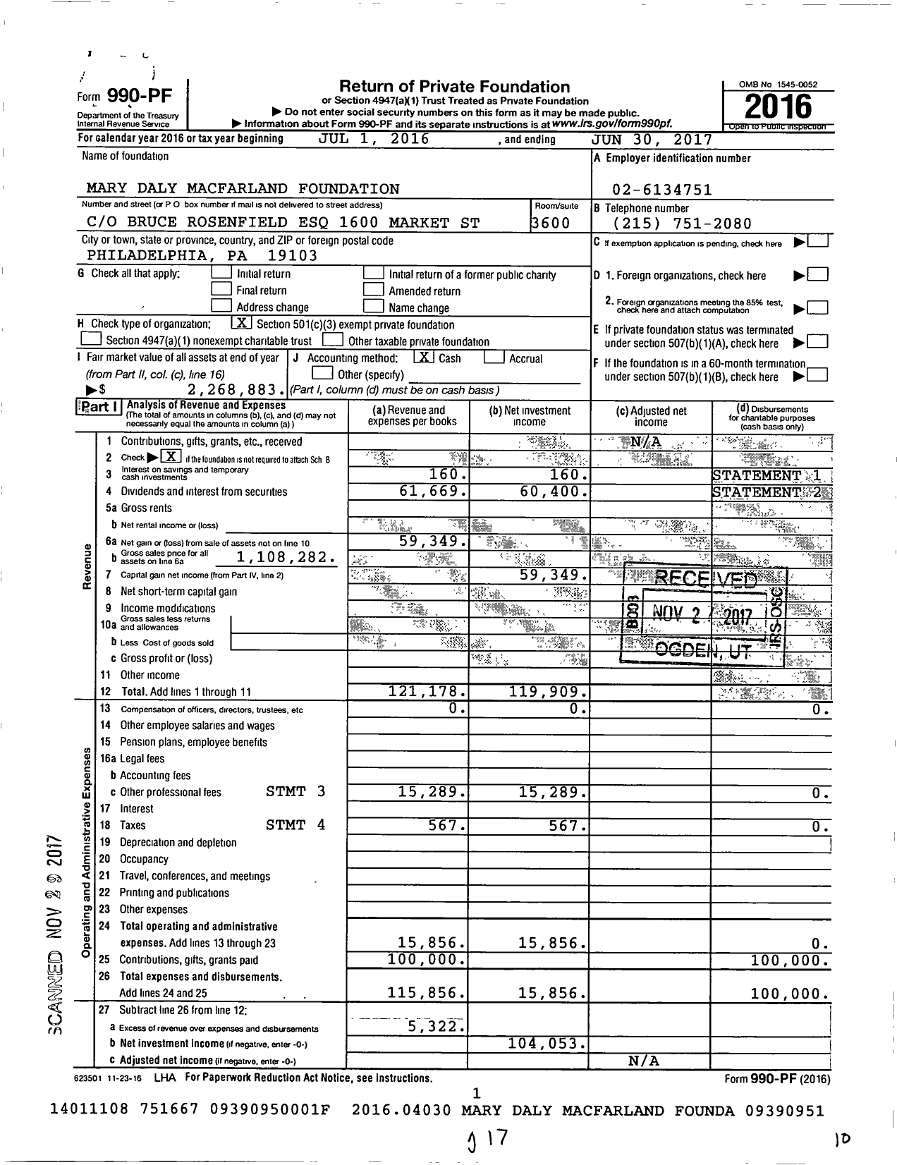Image of first page of 2016 Form 990PF for Mary Daly Macfarland Foundation