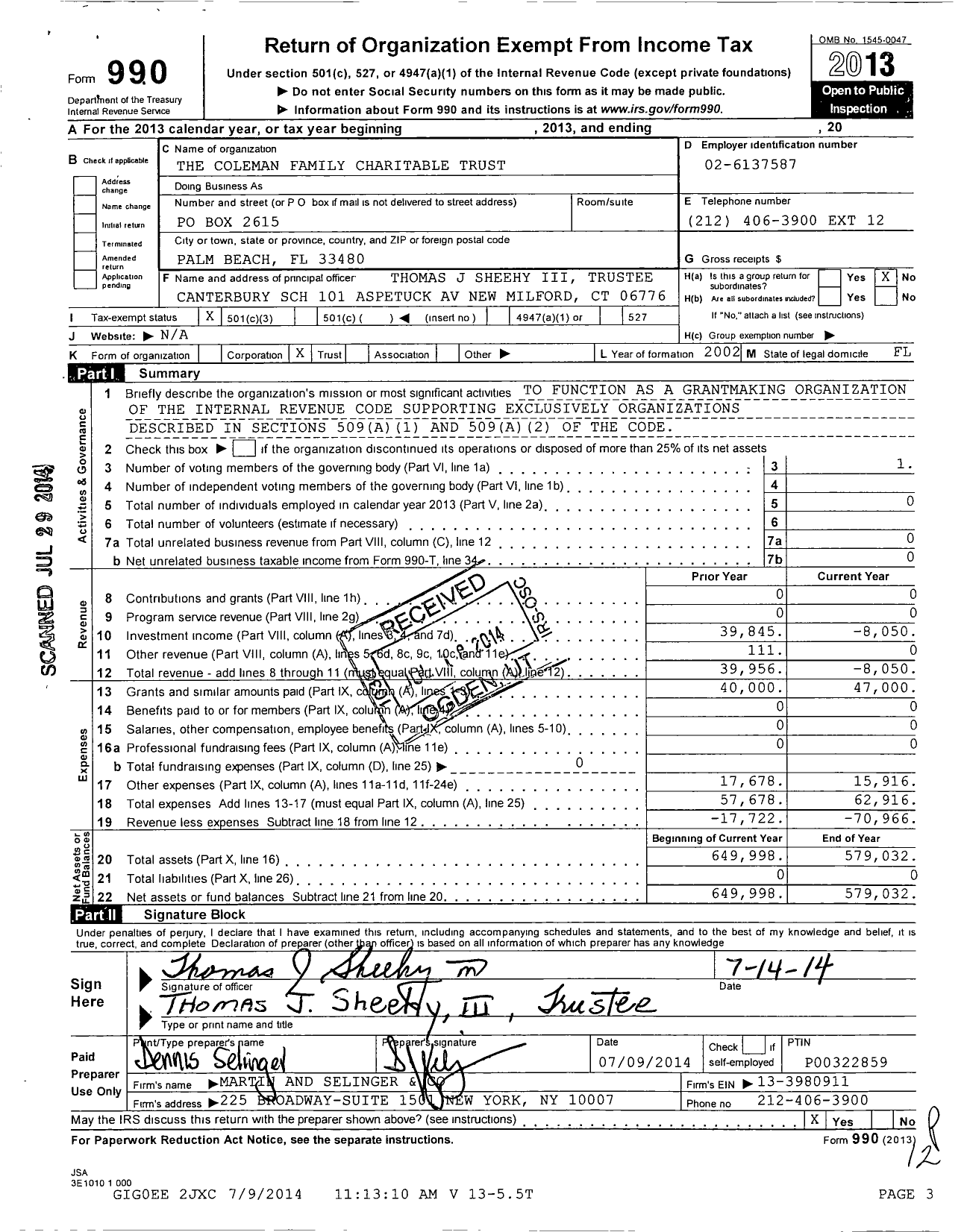 Image of first page of 2013 Form 990 for The Coleman Family Charitable Trust