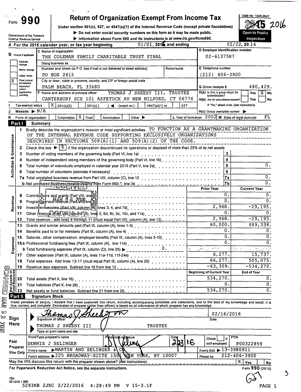 Image of first page of 2015 Form 990 for The Coleman Family Charitable Trust