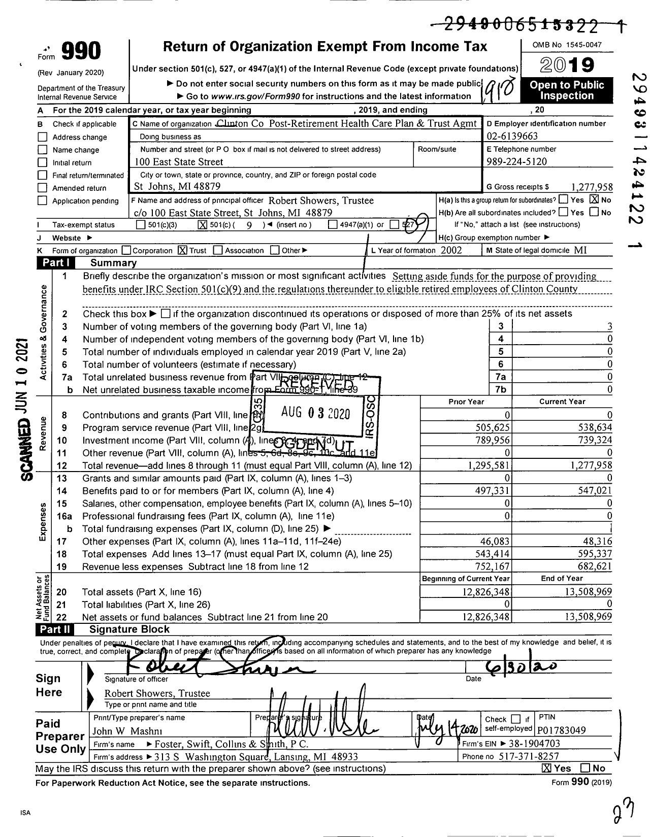 Image of first page of 2019 Form 990O for Clinton County Post Retirement Health Care Plan and Trust