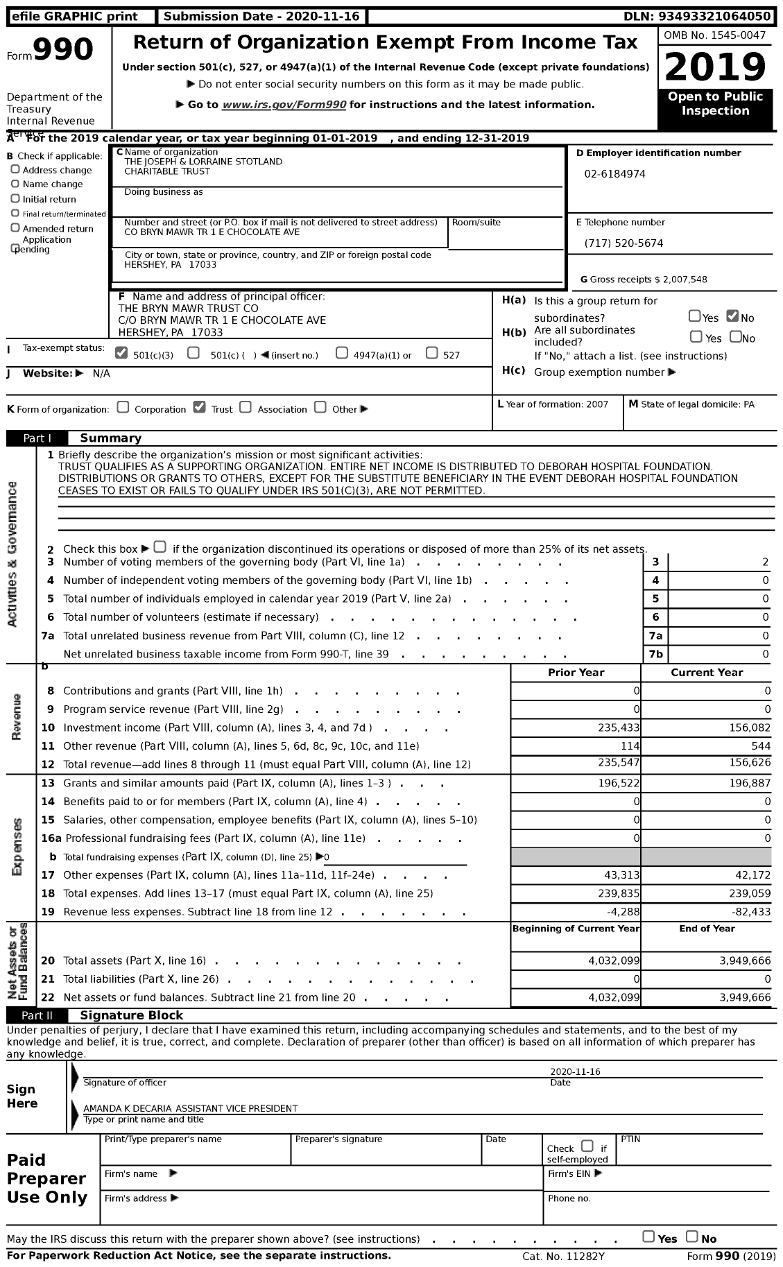 Image of first page of 2019 Form 990 for The Joseph and Lorraine Stotland Charitable Trust