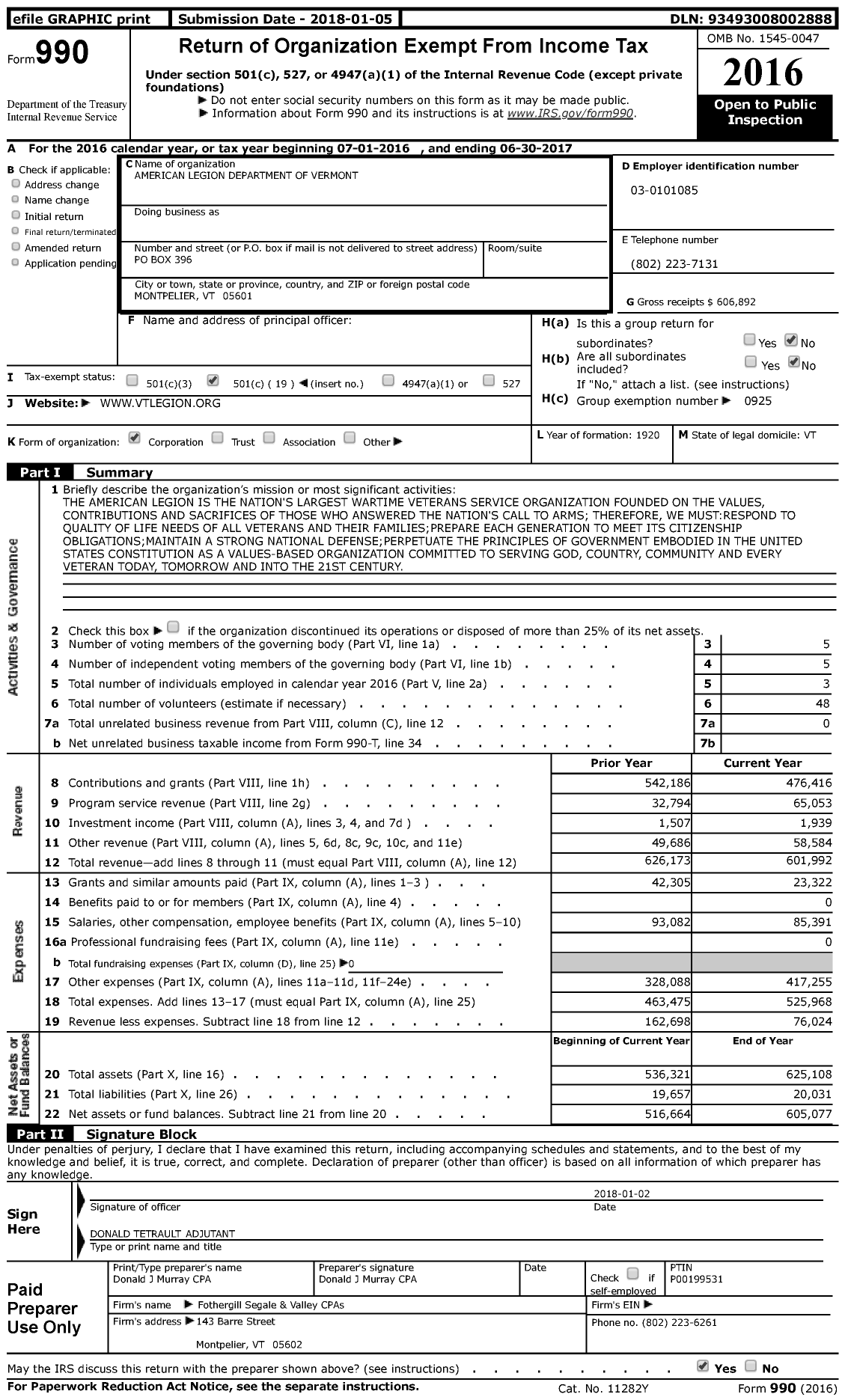 Image of first page of 2016 Form 990 for American Legion - 50 Dept of Vermont