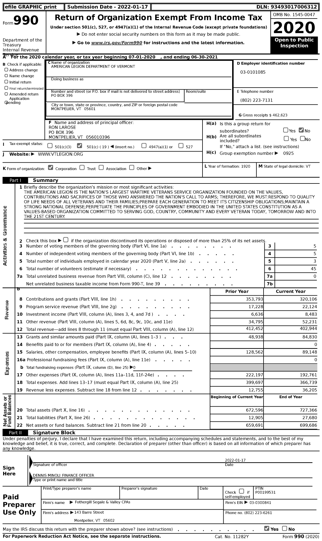 Image of first page of 2020 Form 990 for American Legion - 50 Dept of Vermont