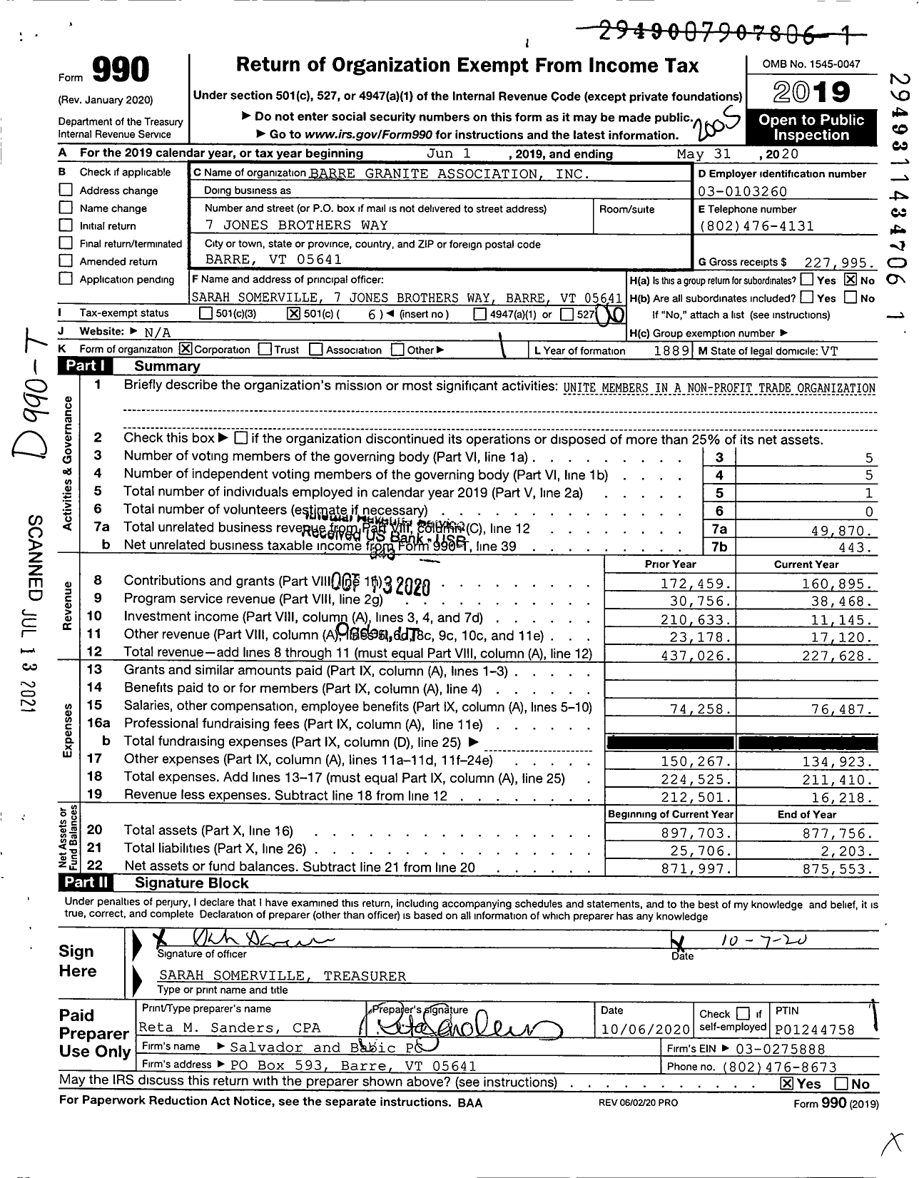 Image of first page of 2019 Form 990O for Barre Granite Association