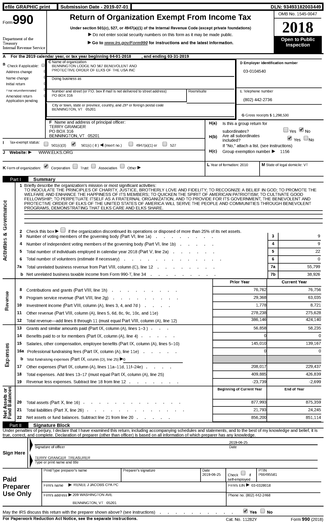 Image of first page of 2018 Form 990 for Benevolent and Protective Order of Elks - 567 Bennington