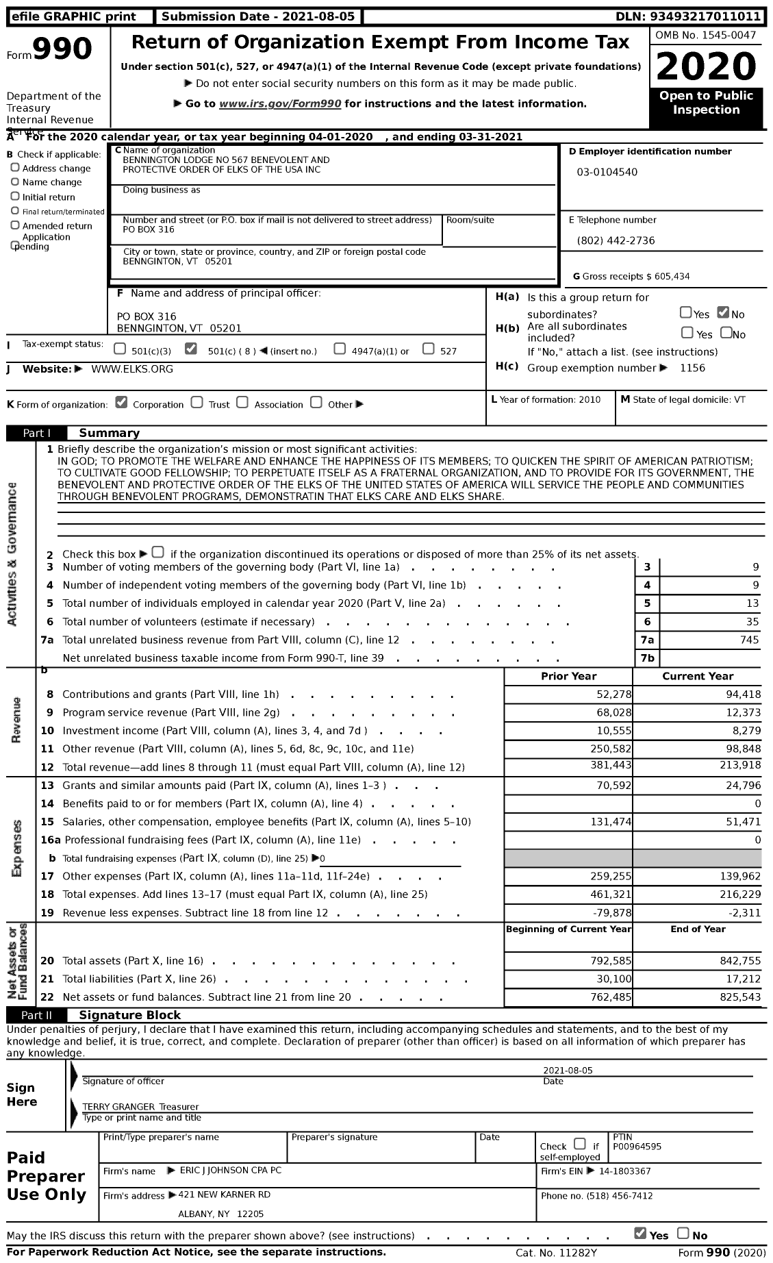 Image of first page of 2020 Form 990 for Benevolent and Protective Order of Elks - 567 Bennington