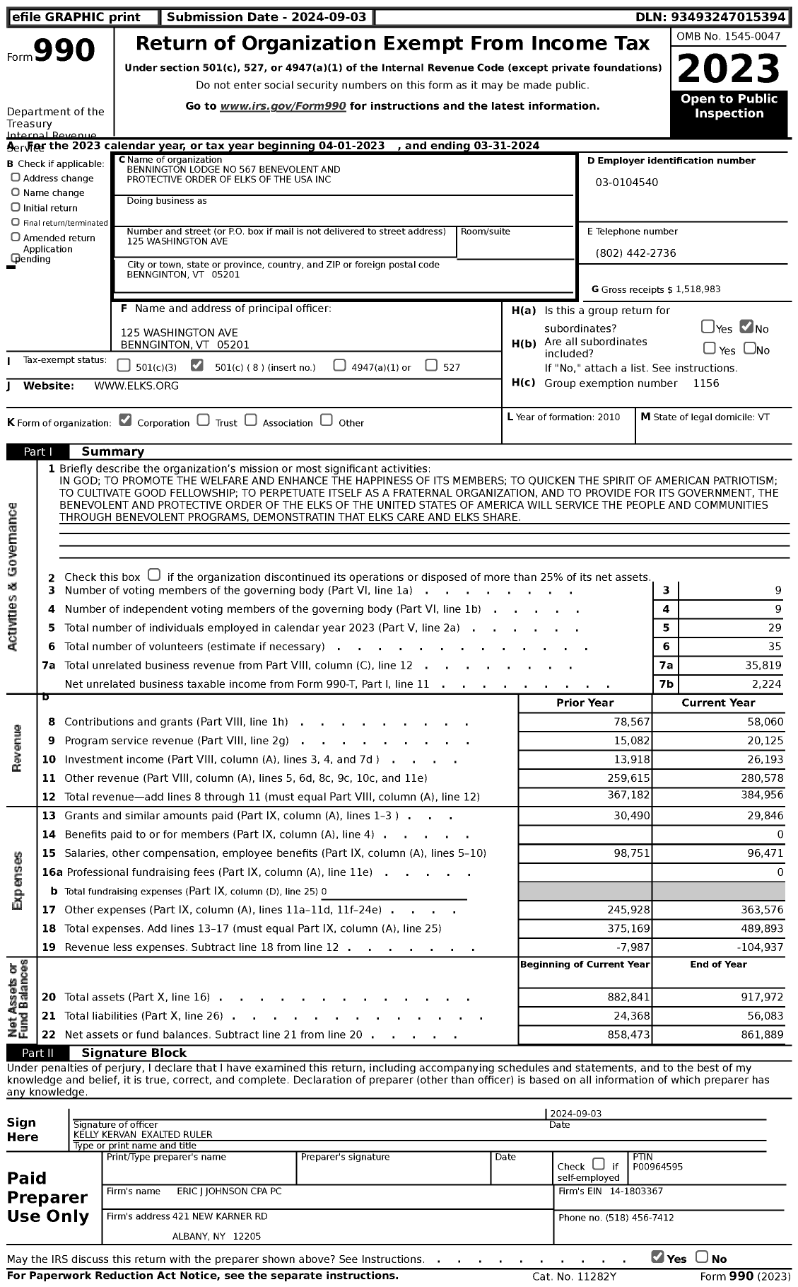 Image of first page of 2023 Form 990 for Benevolent and Protective Order of Elks - 567 Bennington