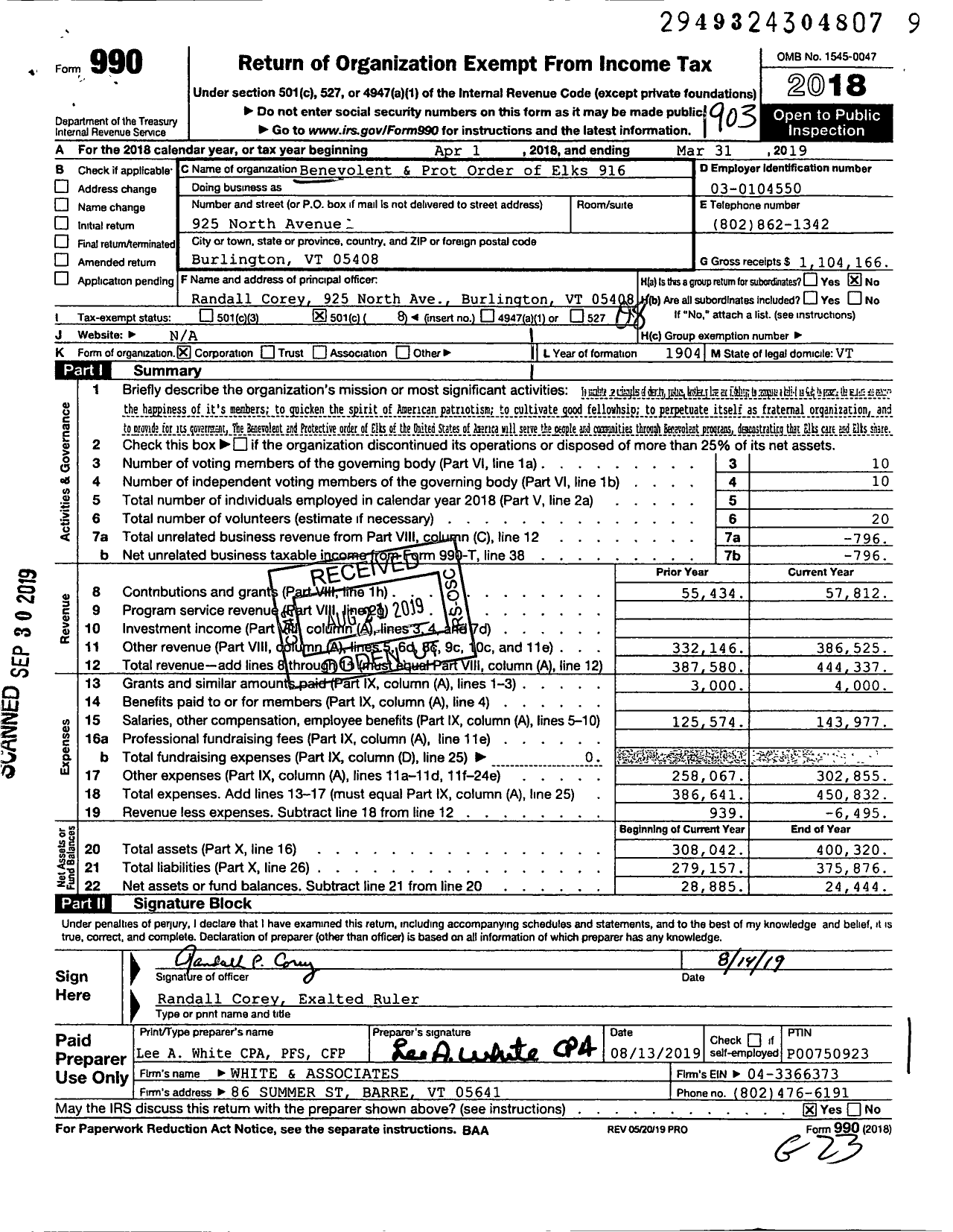 Image of first page of 2018 Form 990O for Benevolent and Protective Order of Elks - 916 Burlington