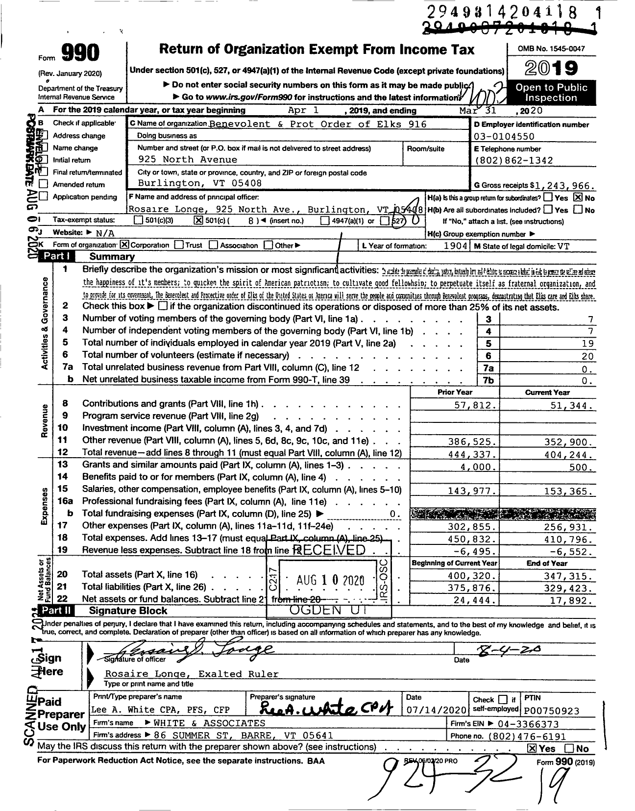 Image of first page of 2019 Form 990O for Benevolent and Protective Order of Elks - 916 Burlington