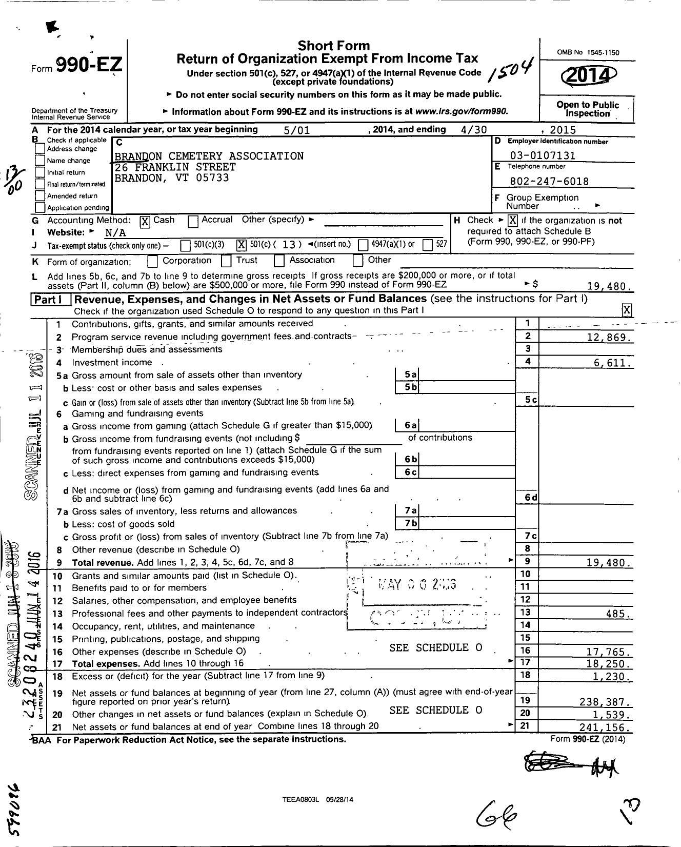 Image of first page of 2014 Form 990EO for Brandon Cemetery Association