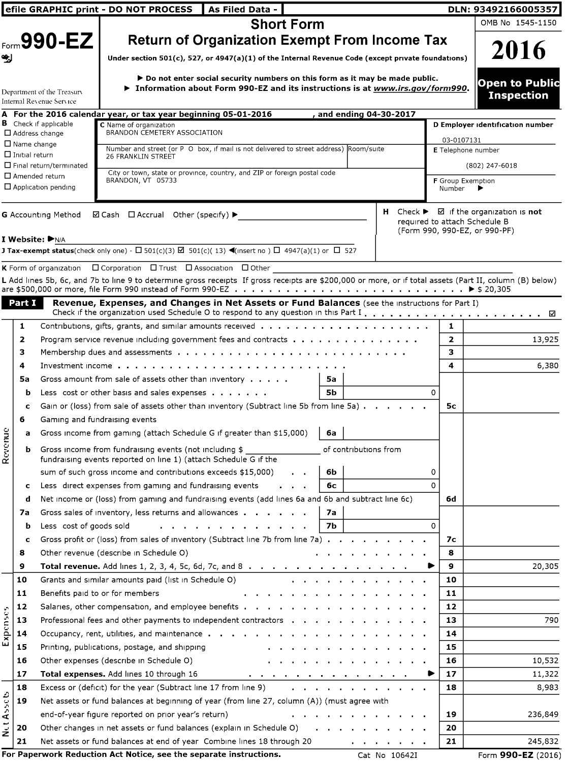 Image of first page of 2016 Form 990EO for Brandon Cemetery Association