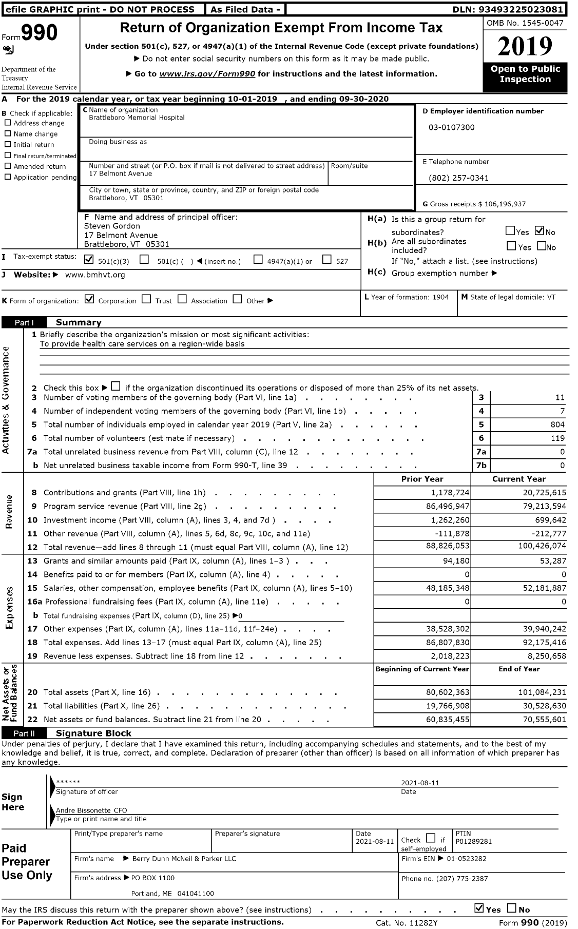 Image of first page of 2019 Form 990 for Brattleboro Memorial Hospital (BMH)