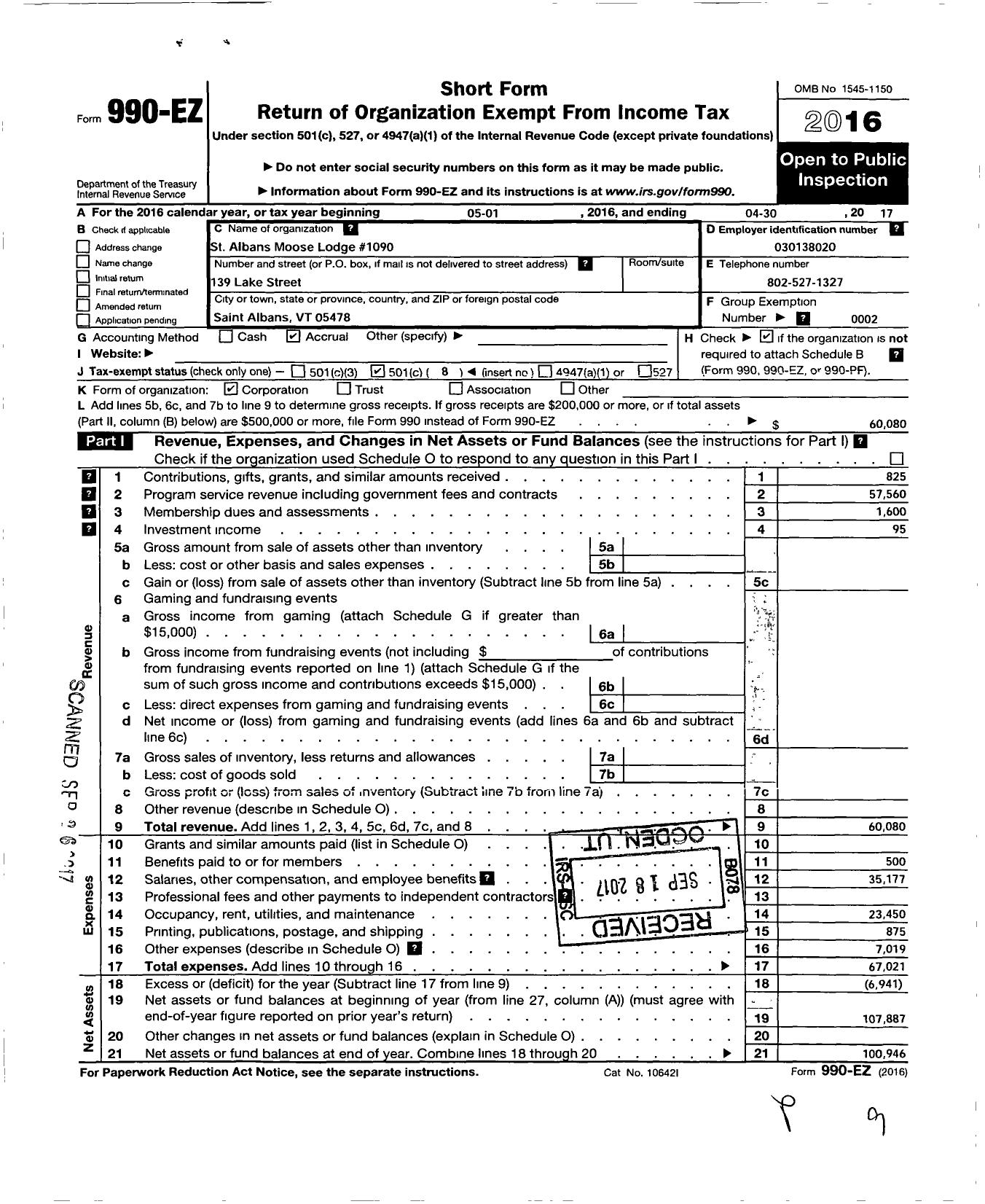 Image of first page of 2016 Form 990EO for Loyal Order of Moose - 1090