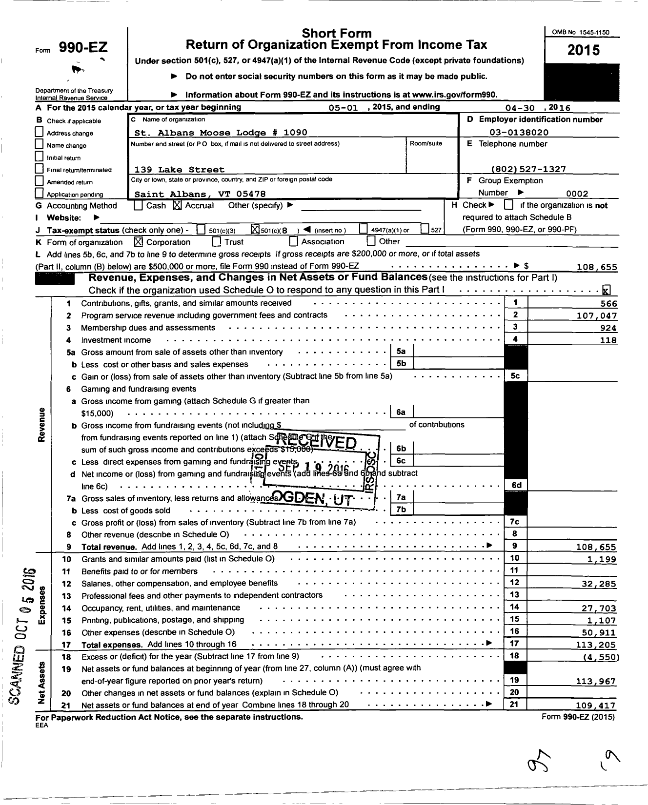 Image of first page of 2015 Form 990EO for Loyal Order of Moose - 1090