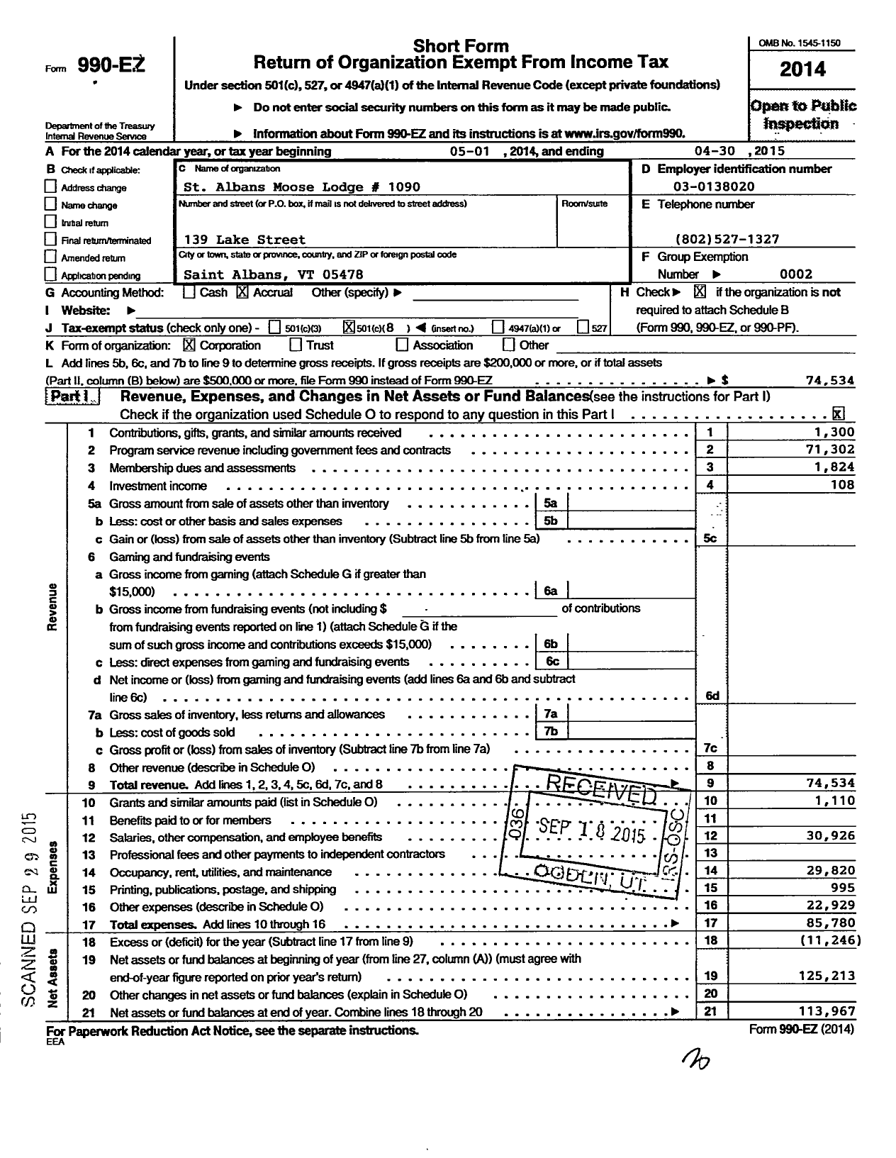 Image of first page of 2014 Form 990EO for Loyal Order of Moose - 1090