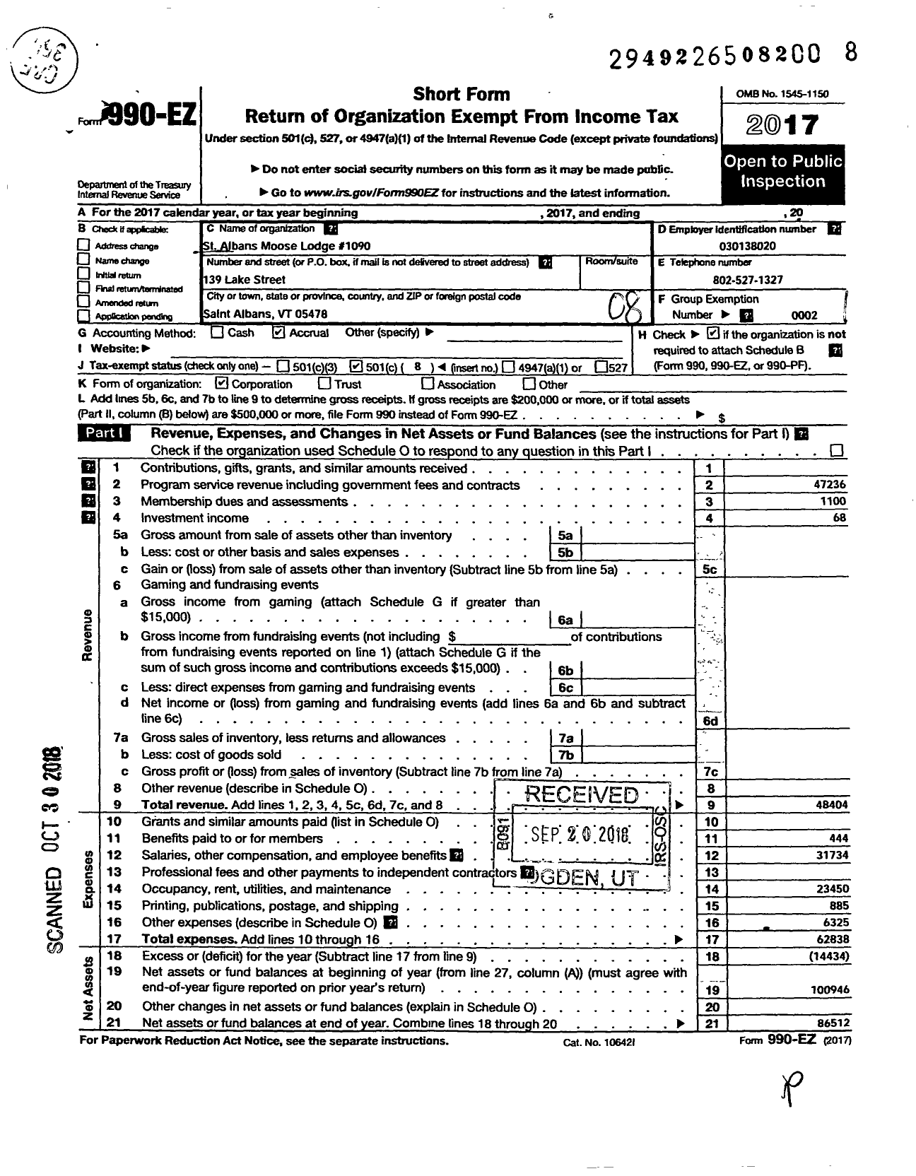 Image of first page of 2017 Form 990EO for Loyal Order of Moose - 1090