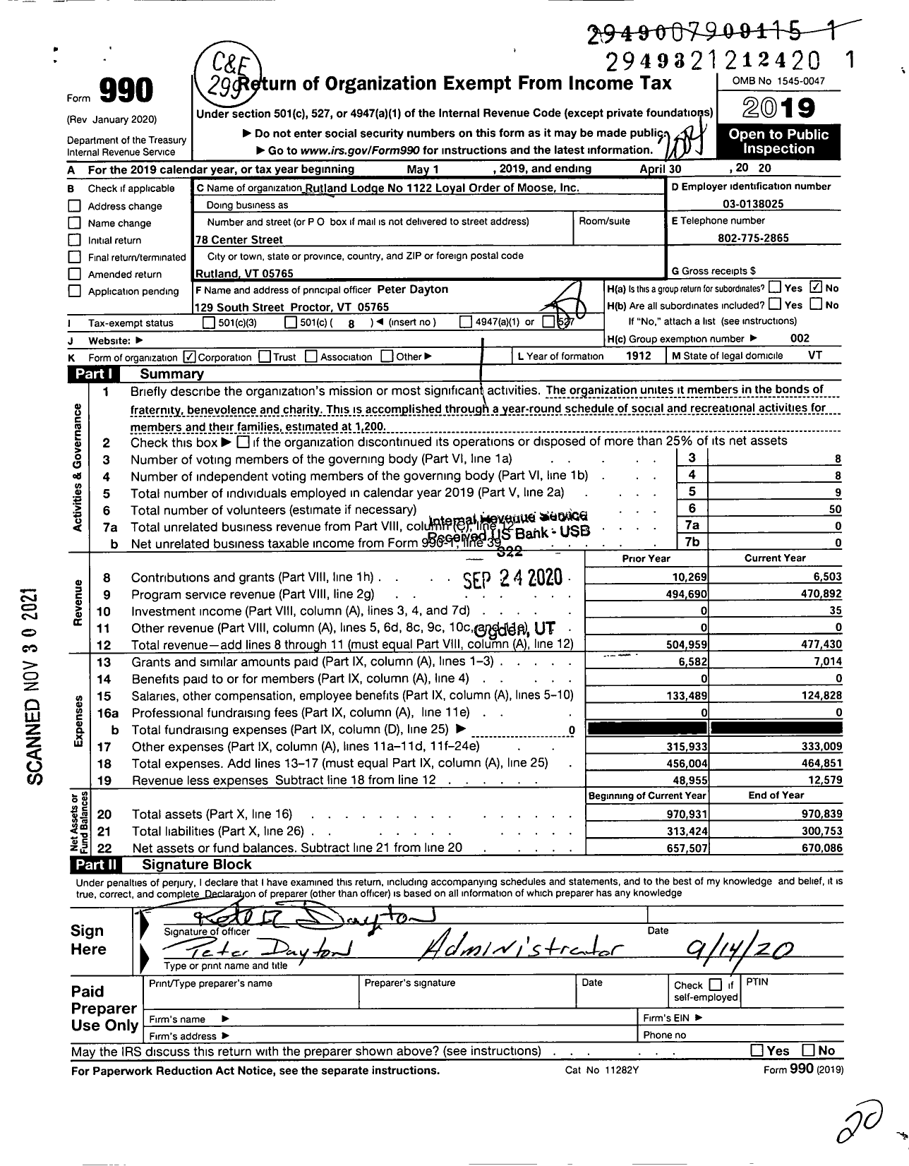 Image of first page of 2019 Form 990O for Loyal Order of Moose - 1122