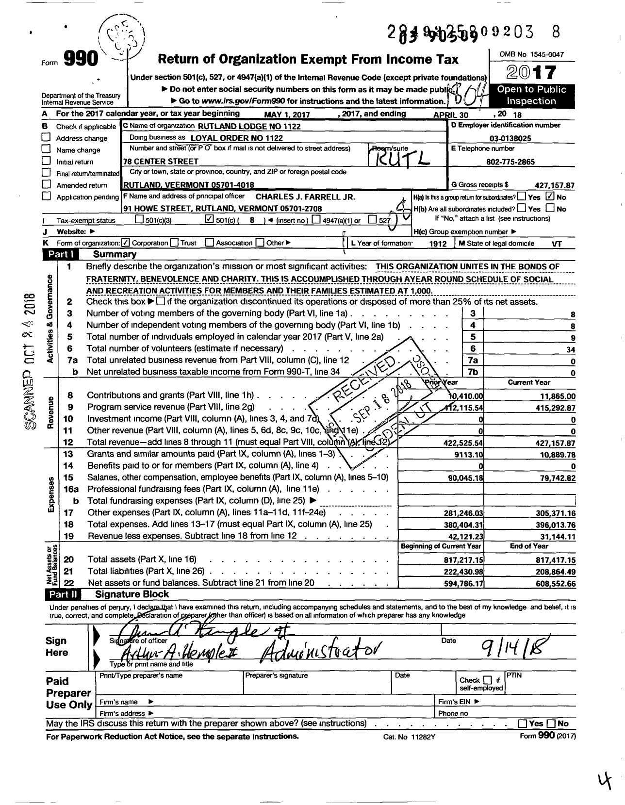 Image of first page of 2017 Form 990O for Loyal Order of Moose - 1122