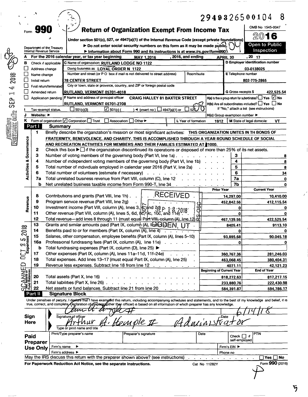 Image of first page of 2016 Form 990O for Loyal Order of Moose - 1122