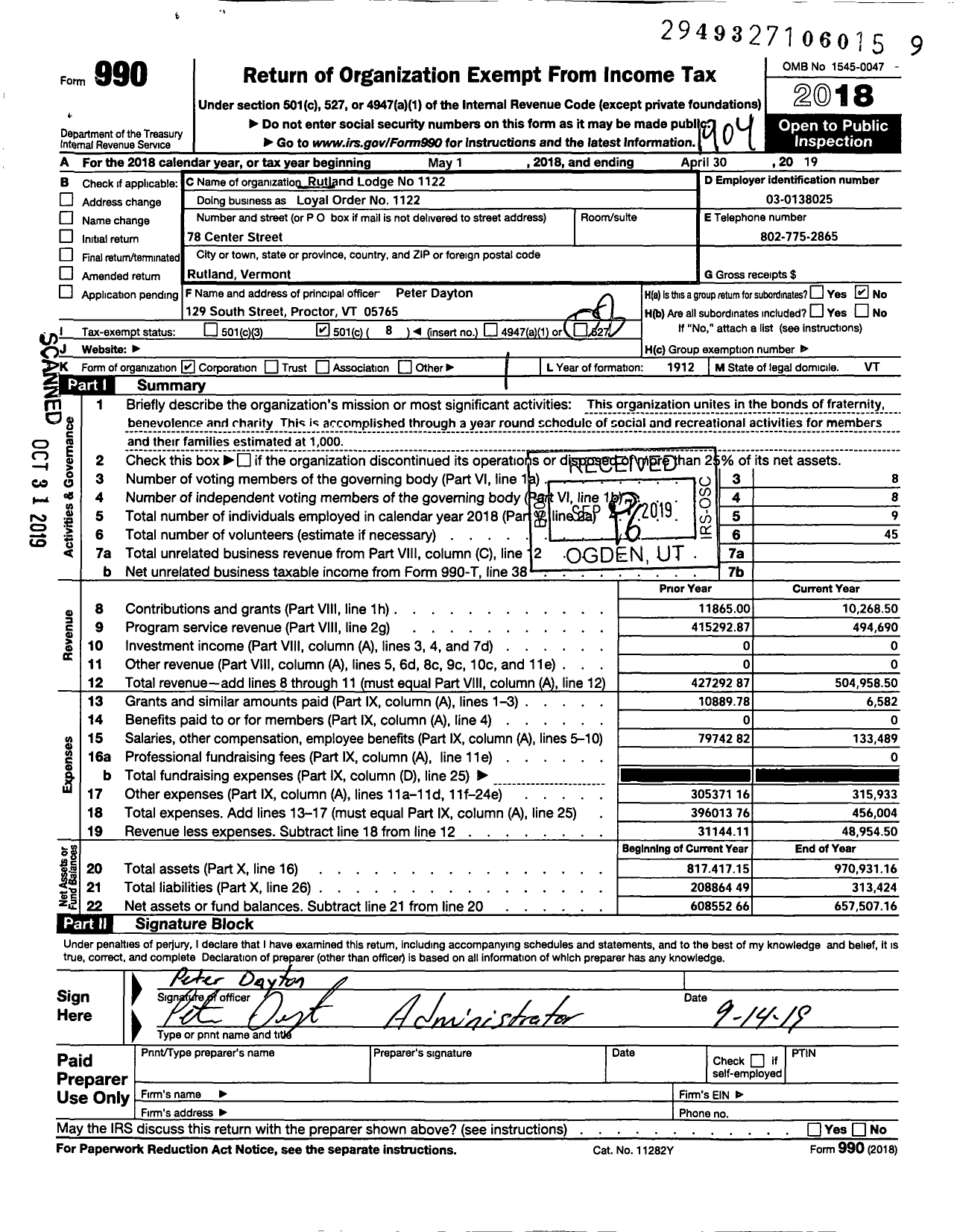Image of first page of 2018 Form 990O for Loyal Order of Moose - 1122