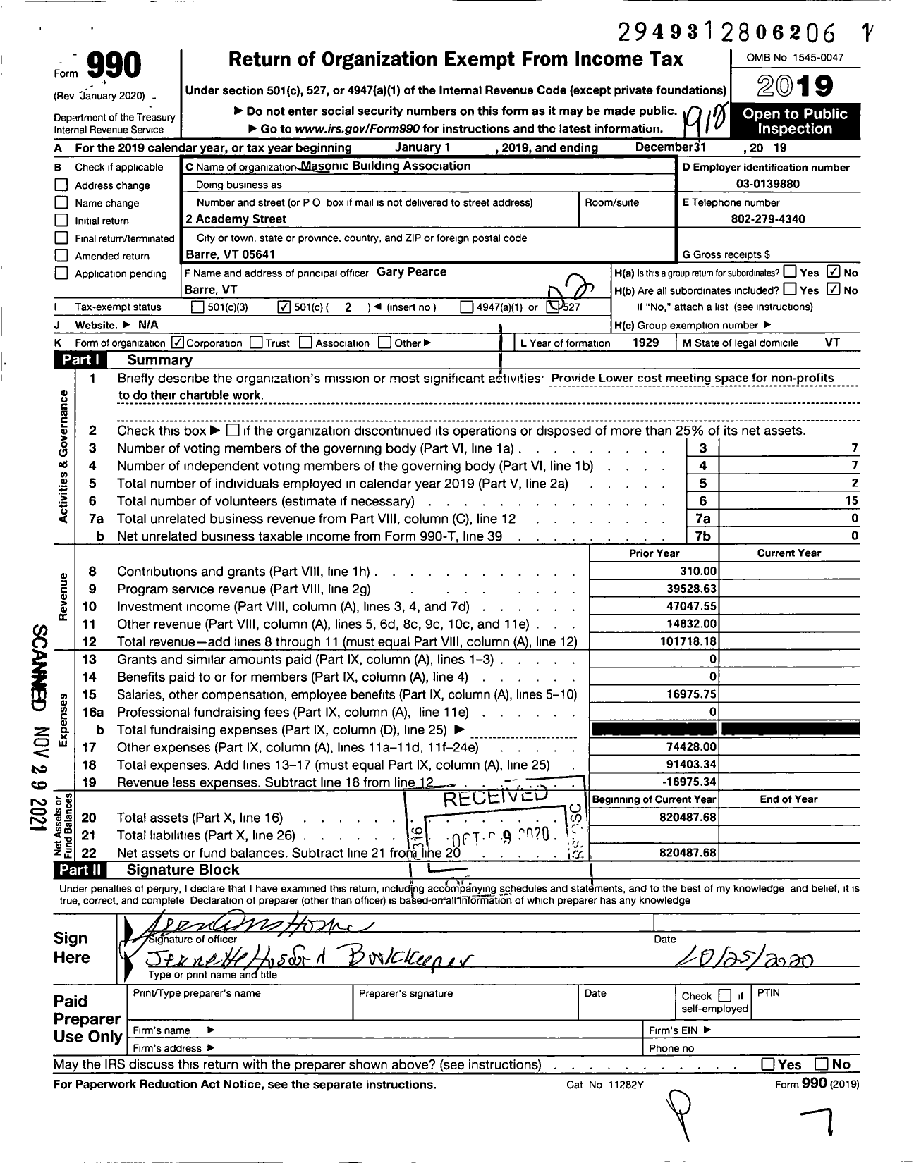 Image of first page of 2019 Form 990O for Masonic Building Association