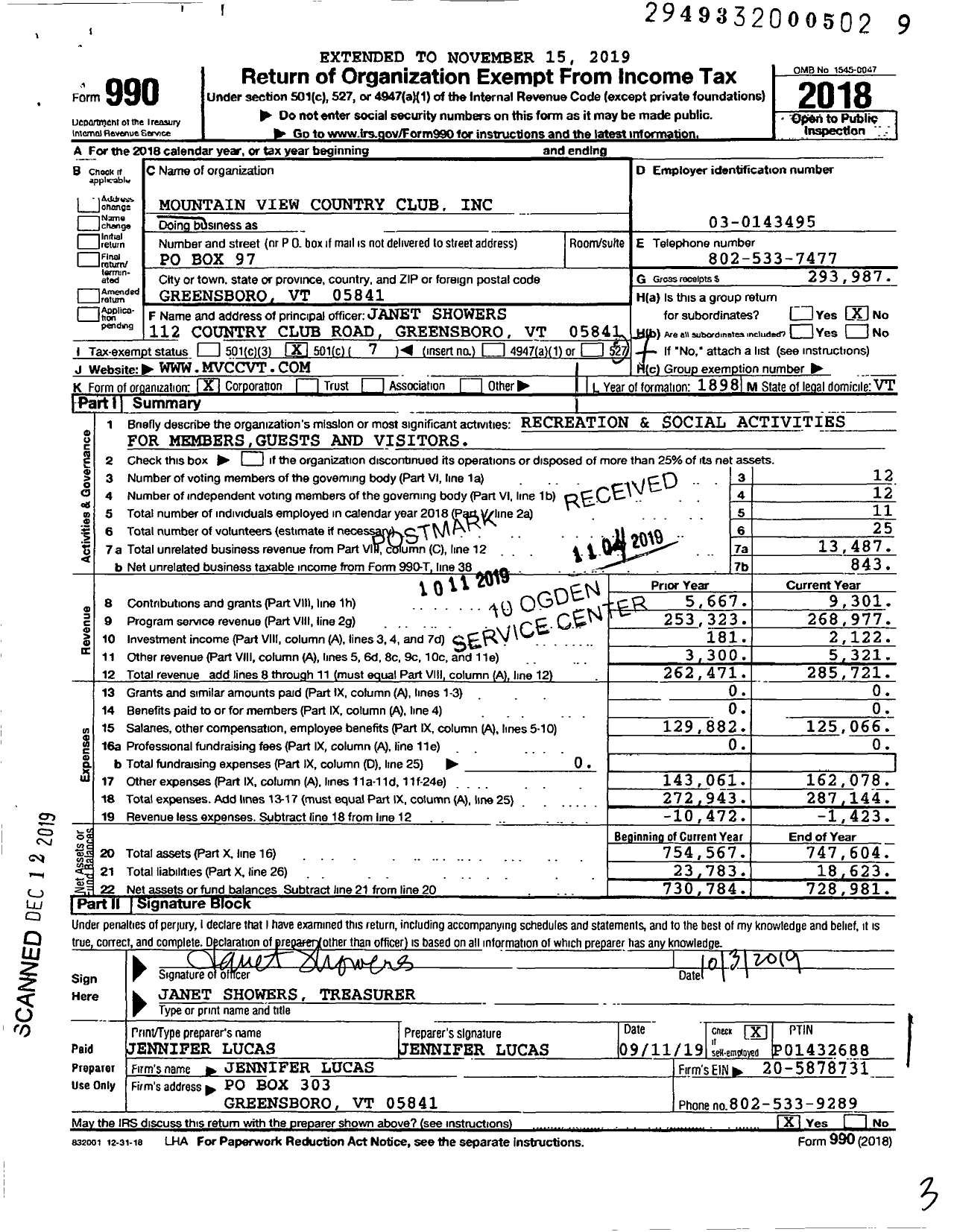 Image of first page of 2018 Form 990O for Mountain View Country Club