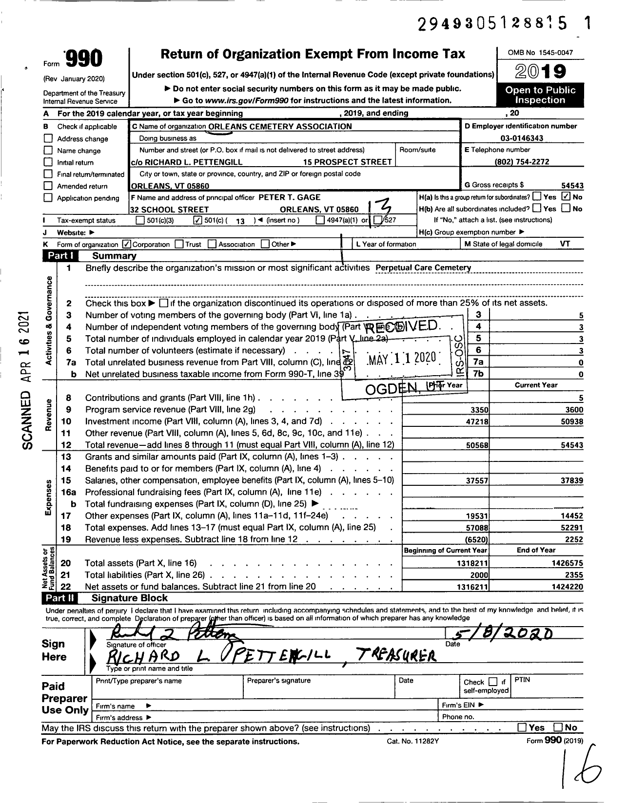 Image of first page of 2019 Form 990O for Pleasant View Cemetery / Orleans Cemetery Association Inc