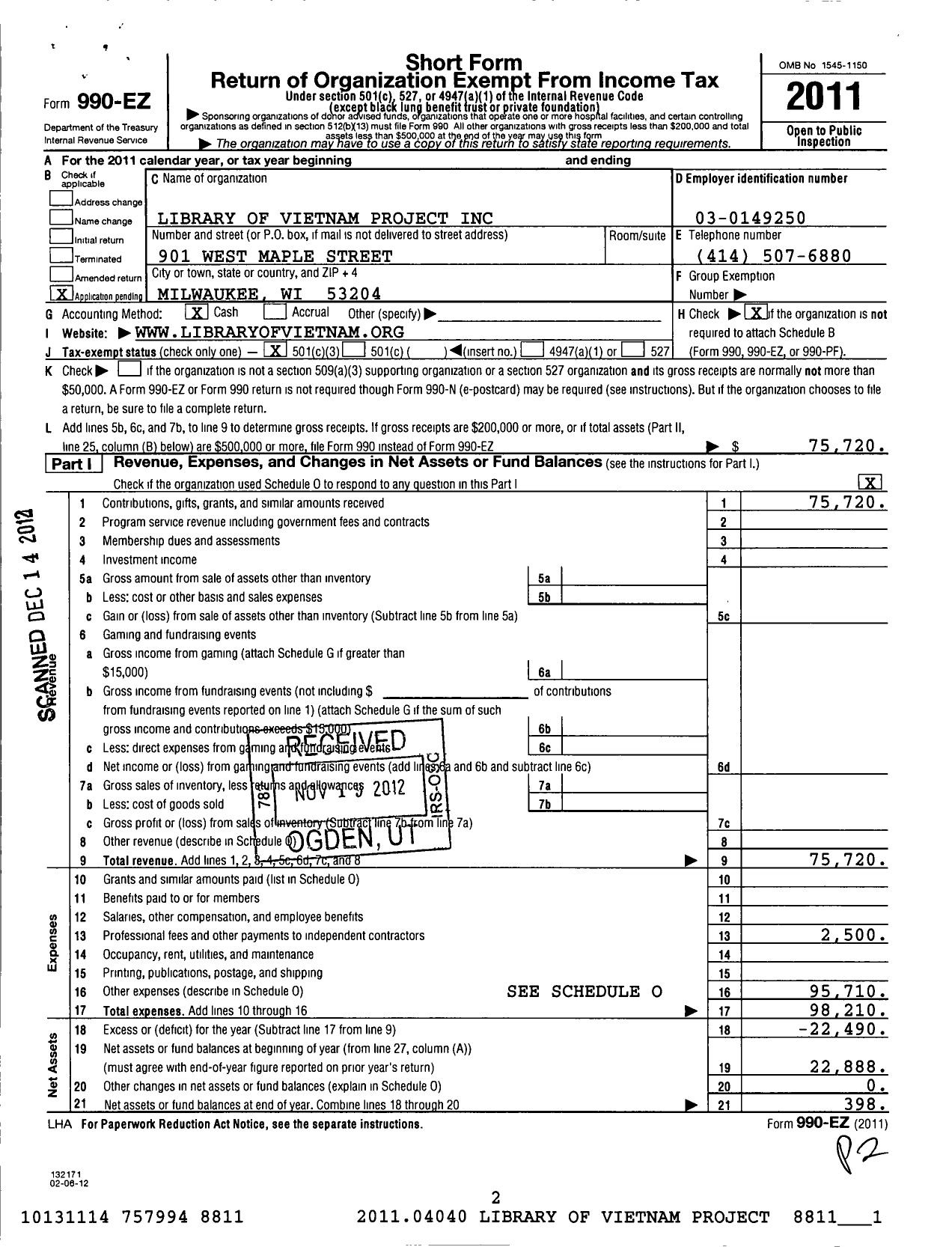 Image of first page of 2011 Form 990EZ for Library of Vietnam Project