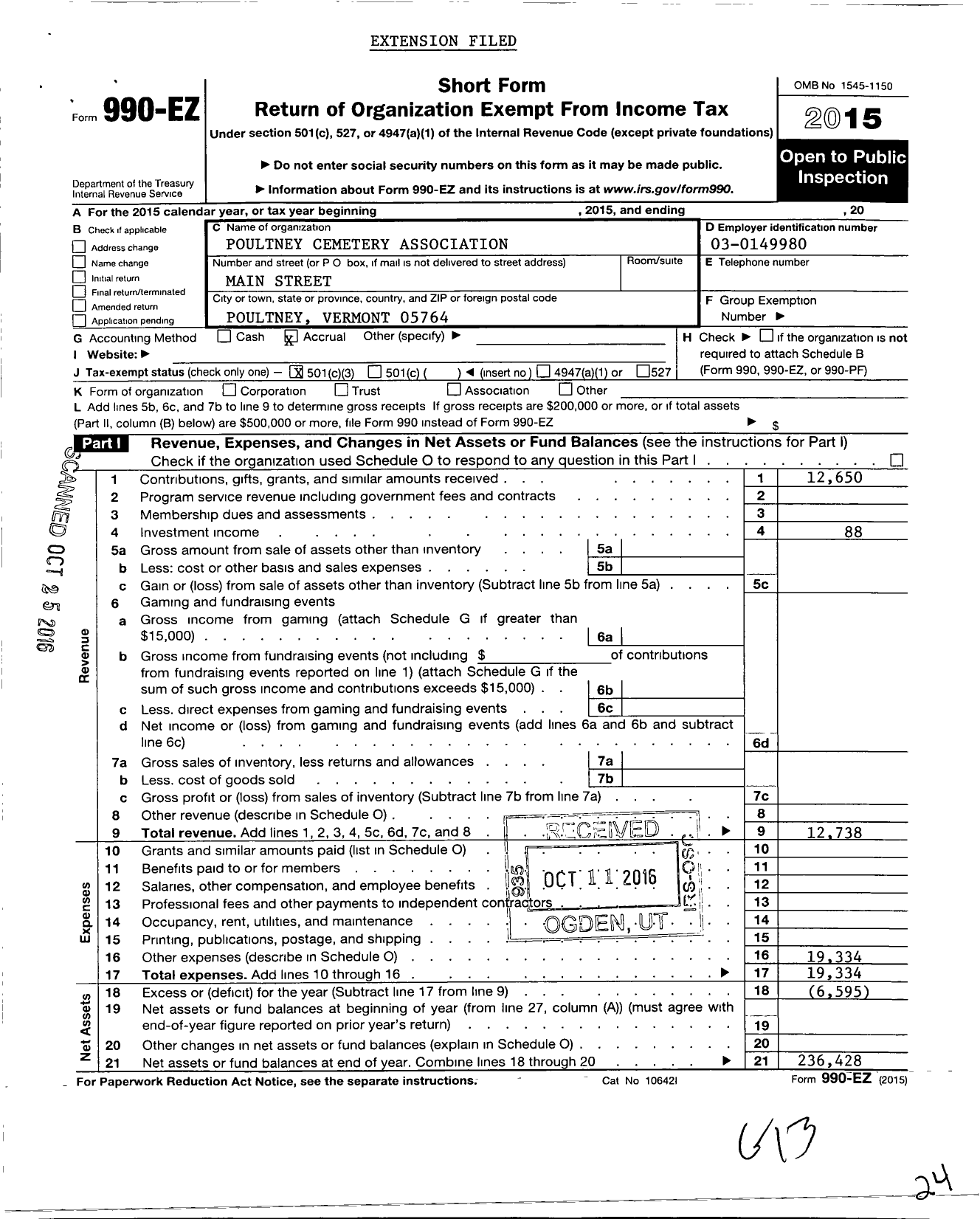 Image of first page of 2015 Form 990EZ for Poultney Cemetery Association