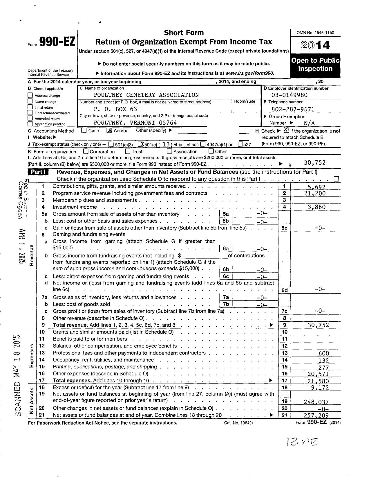 Image of first page of 2014 Form 990EO for Poultney Cemetery Association