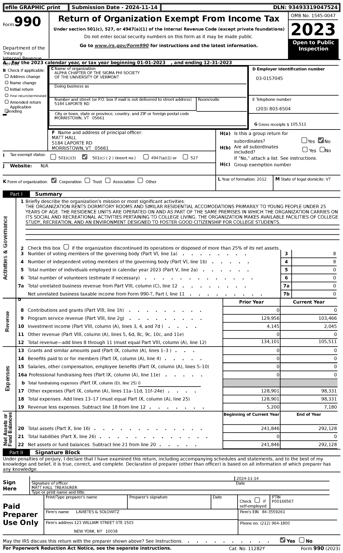 Image of first page of 2023 Form 990 for Alpha Chapter of the Sigma Phi Society of the University of Vermont