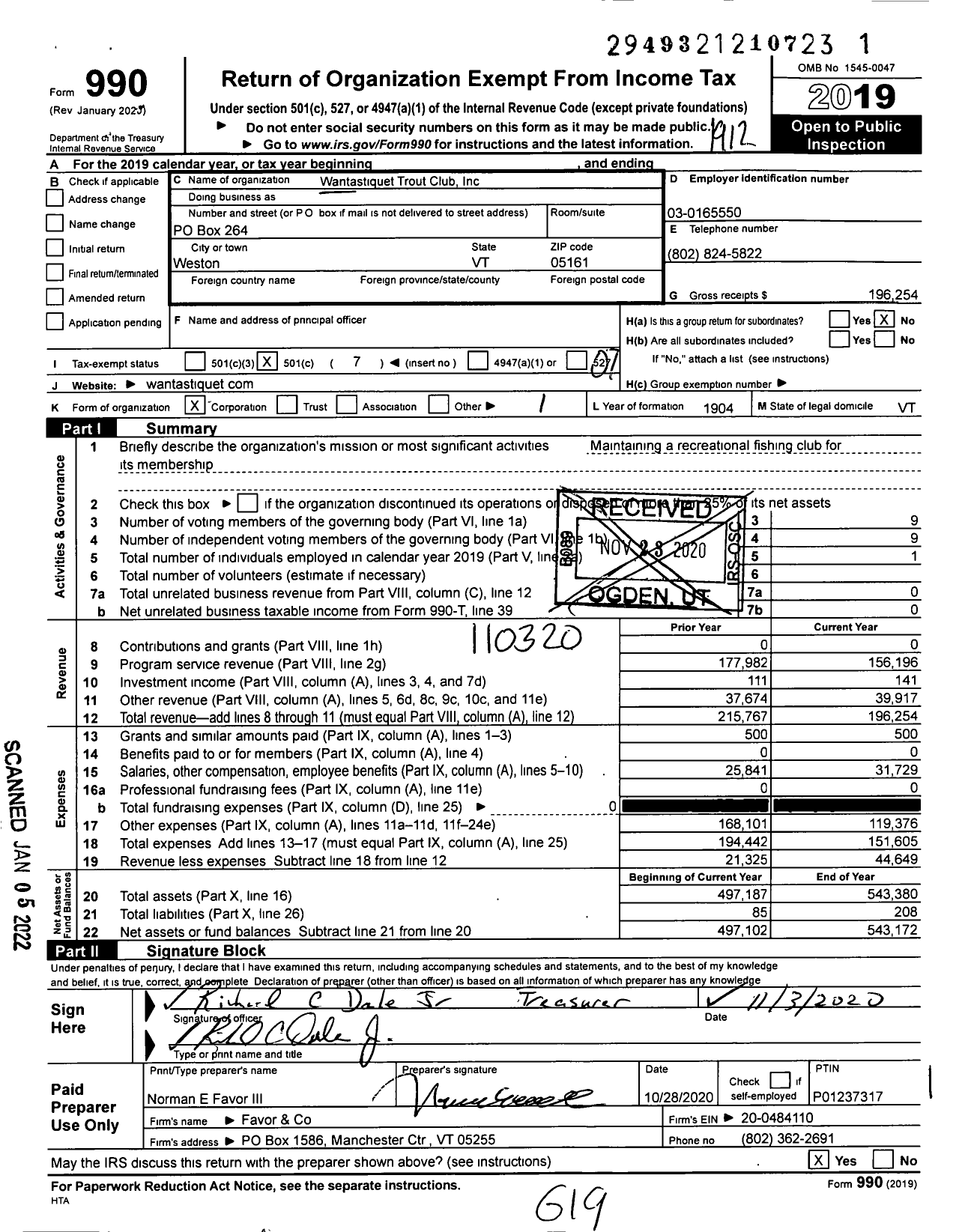 Image of first page of 2019 Form 990O for Wantastiquet Trout Club