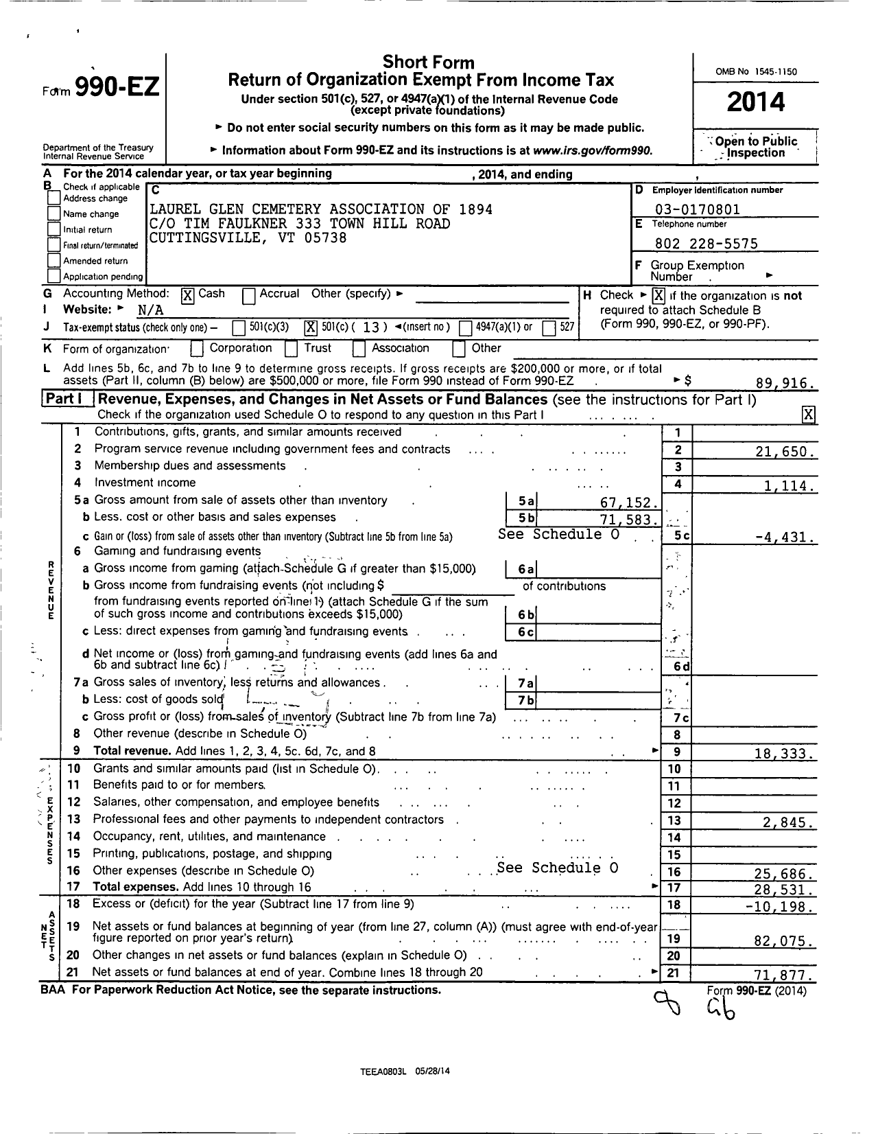 Image of first page of 2014 Form 990EO for Laurel Glen Cemetery Association of 1894