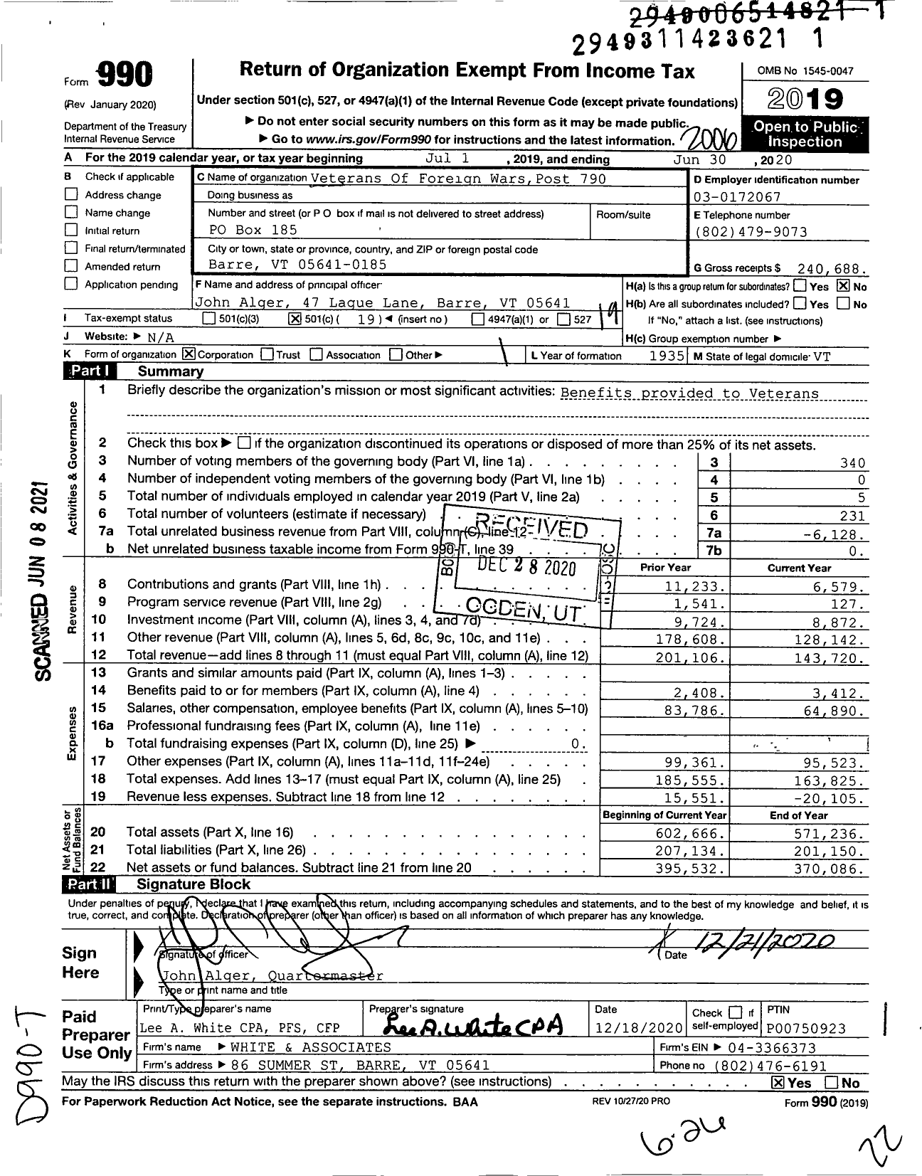 Image of first page of 2019 Form 990O for Veterans Of Foreign Wars - Mackenzie Webster Post 790