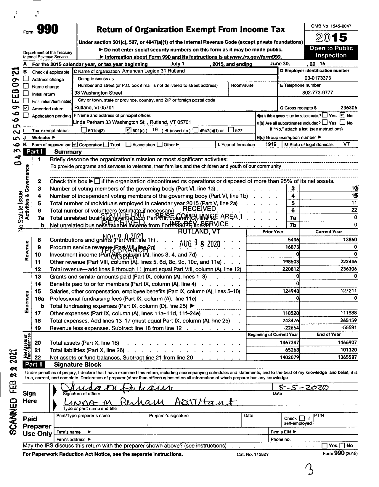 Image of first page of 2015 Form 990OA for American Legion 31 Rutland