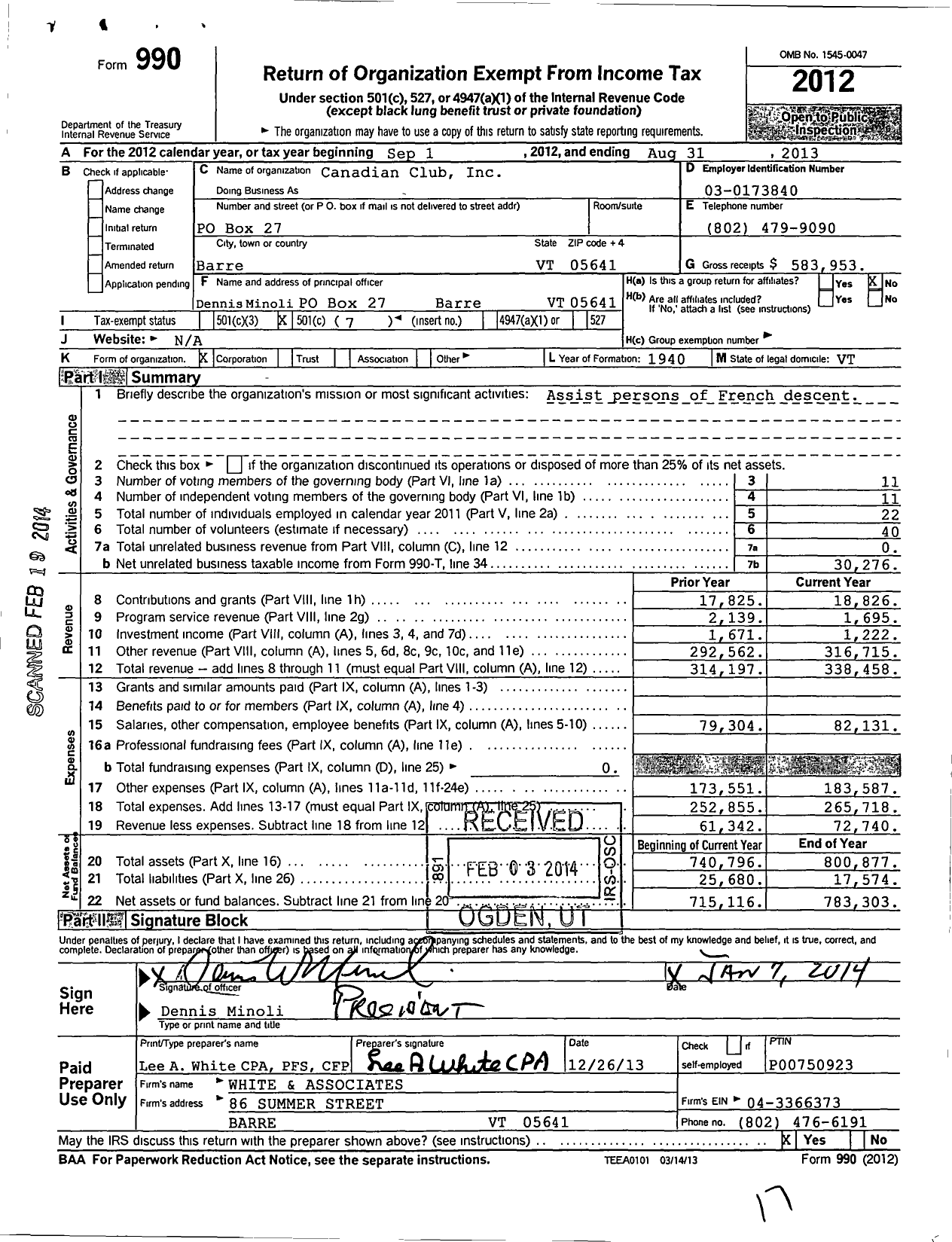 Image of first page of 2012 Form 990O for Canadian Club