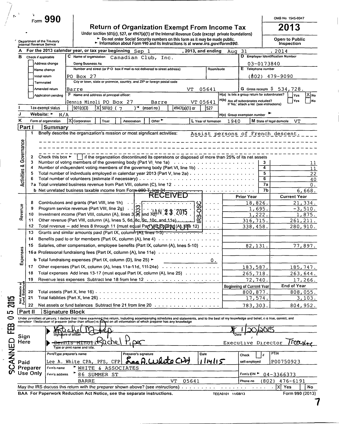 Image of first page of 2013 Form 990O for Canadian Club