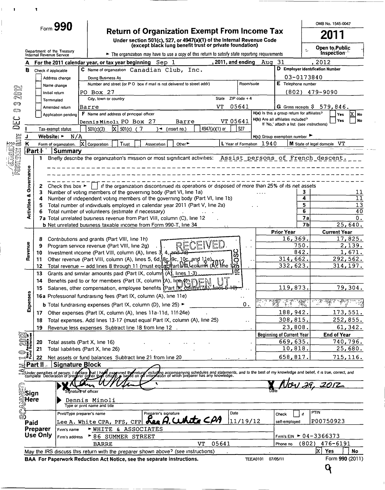 Image of first page of 2011 Form 990O for Canadian Club