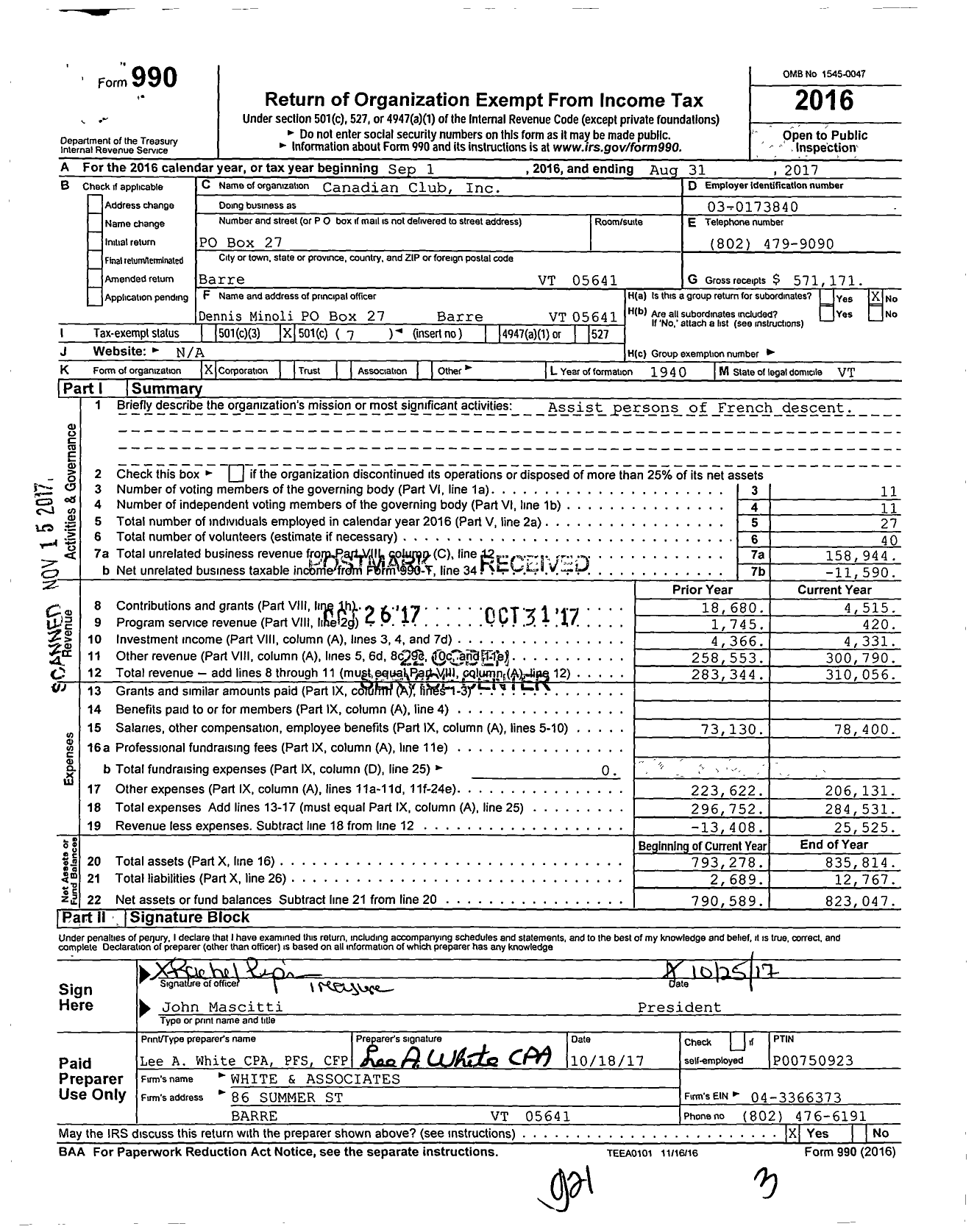 Image of first page of 2016 Form 990O for Canadian Club