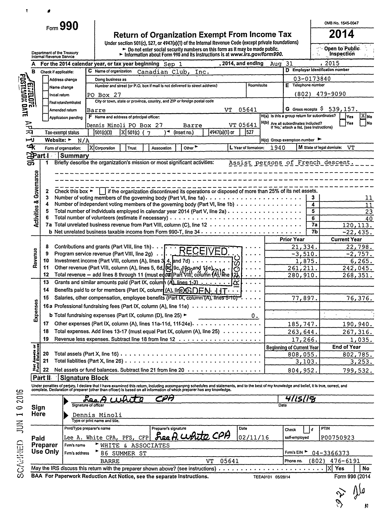 Image of first page of 2014 Form 990O for Canadian Club