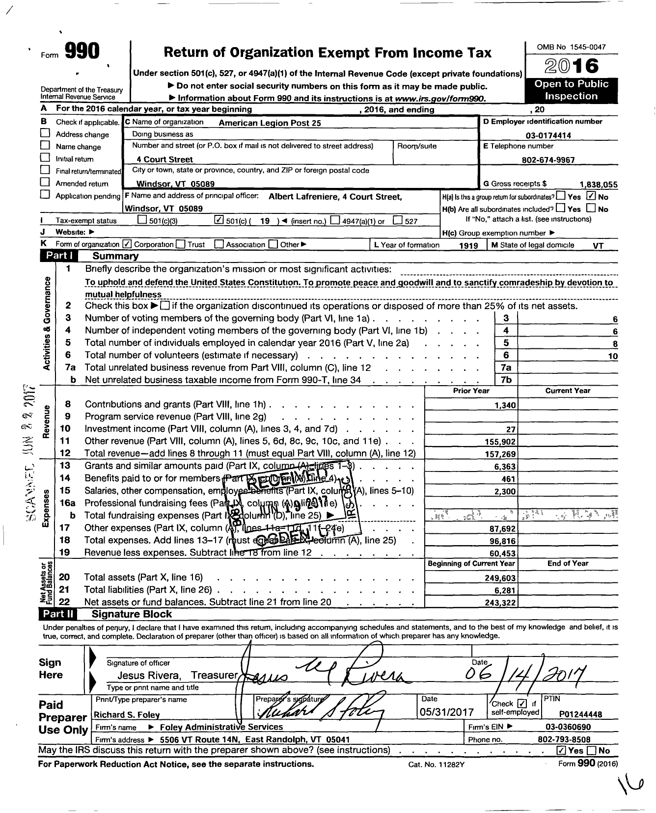 Image of first page of 2016 Form 990O for American Legion Post 25