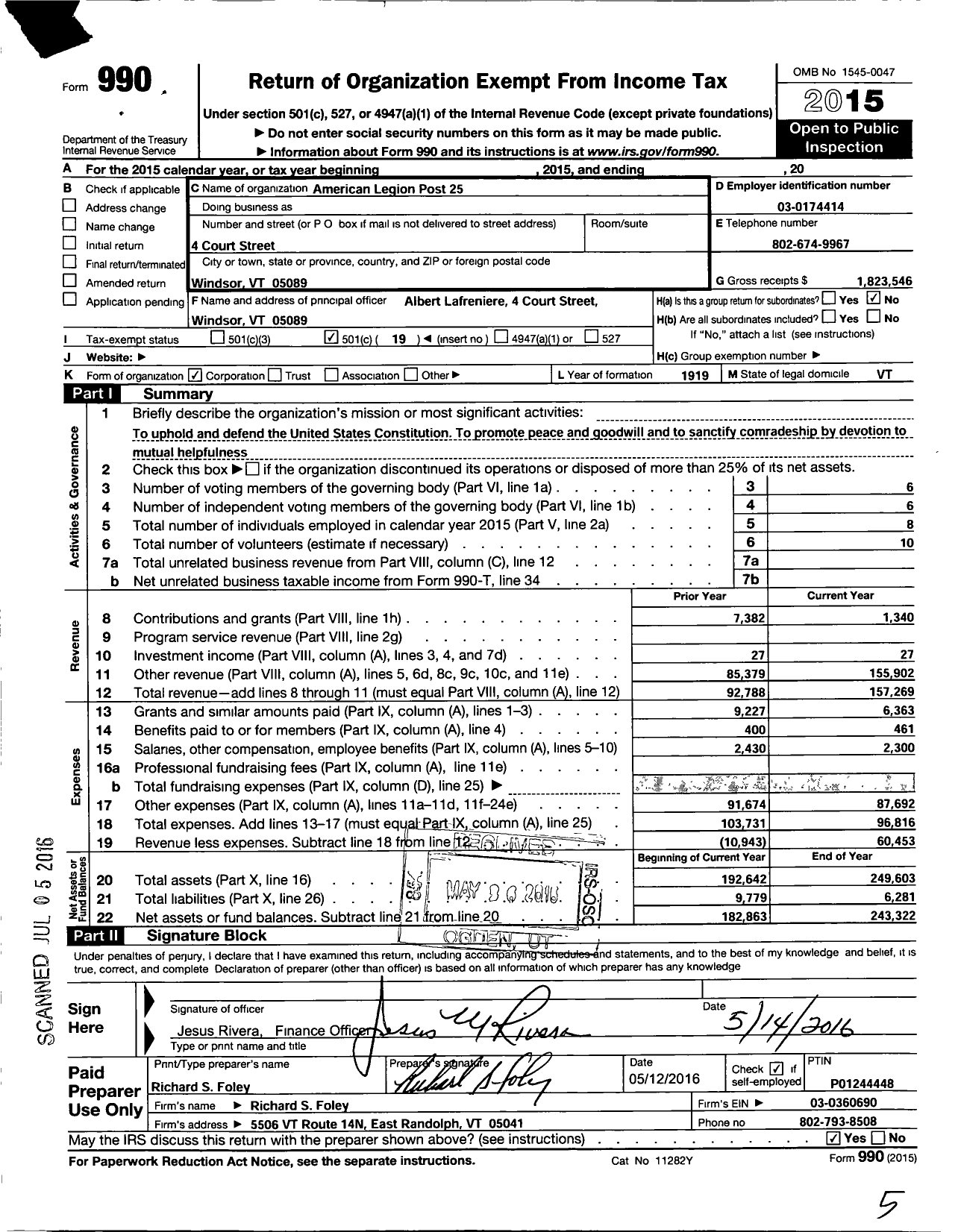 Image of first page of 2015 Form 990O for American Legion Post 25