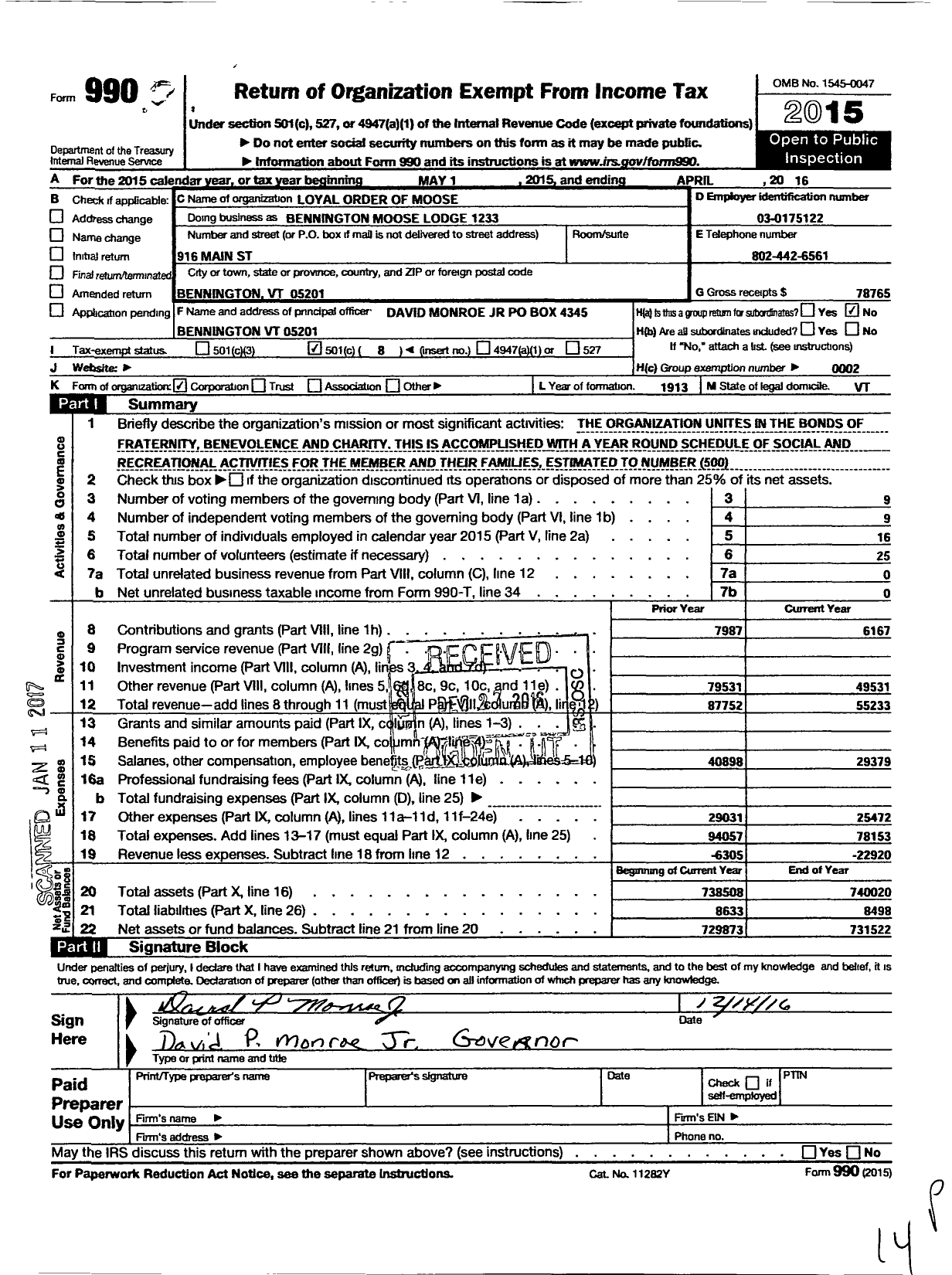 Image of first page of 2015 Form 990O for Loyal Order of Moose - 1233