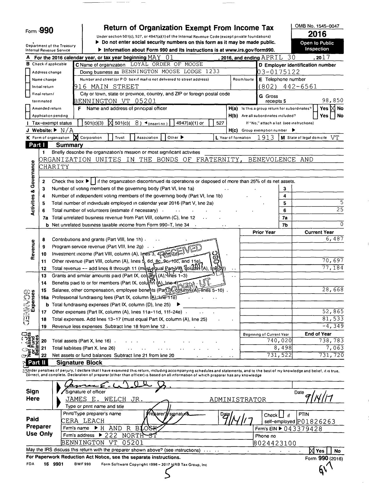 Image of first page of 2016 Form 990O for Loyal Order of Moose - 1233