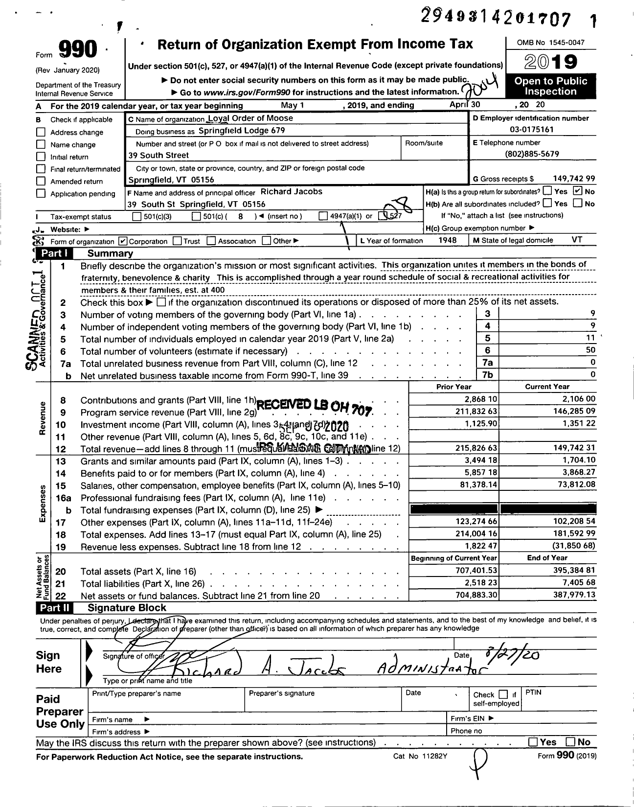 Image of first page of 2019 Form 990O for Loyal Order of Moose - 679