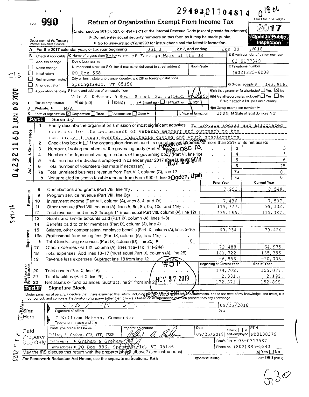 Image of first page of 2017 Form 990O for Veterans of Foreign Wars of the United States Dept of Vermont - 771 VFW-VT