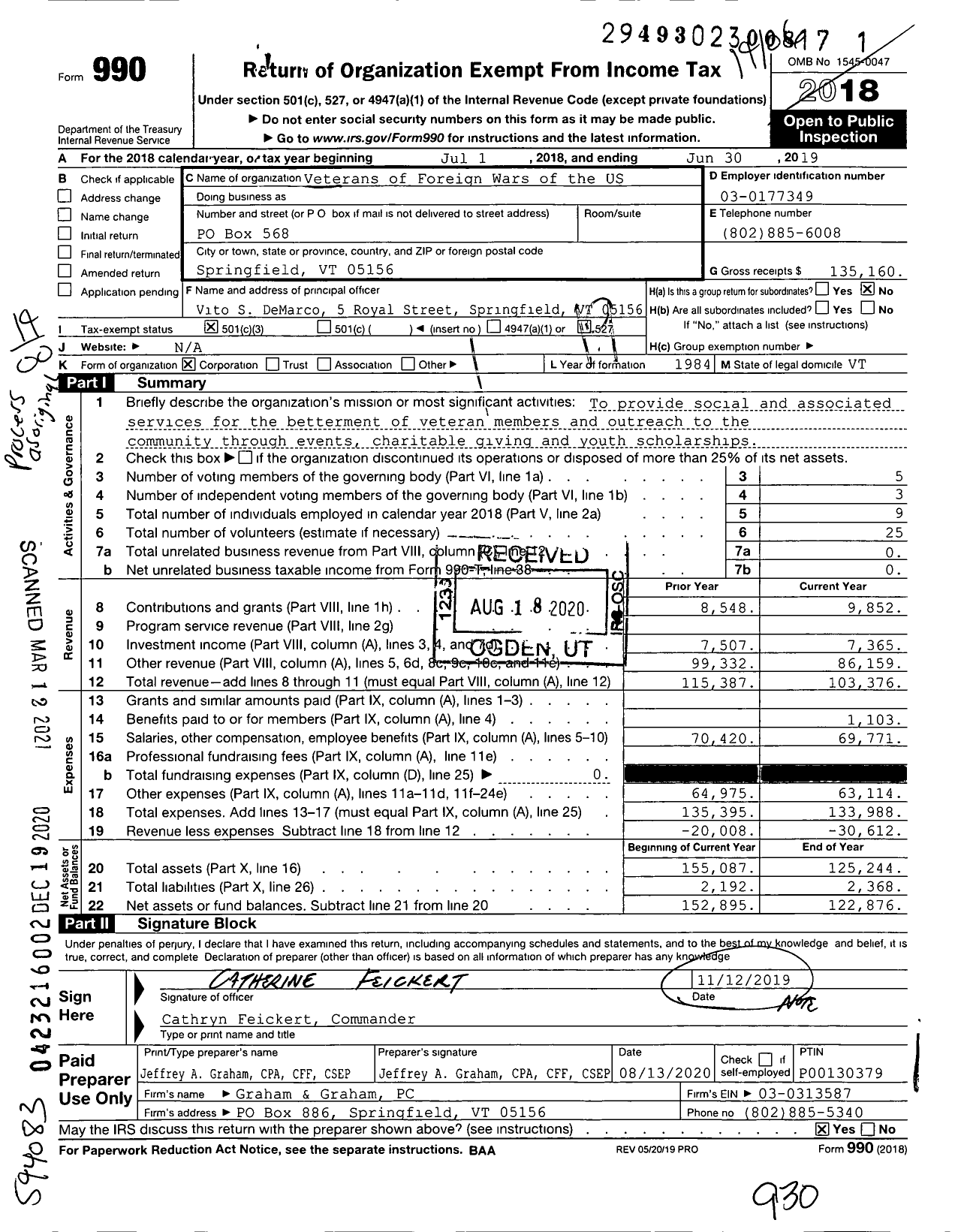 Image of first page of 2018 Form 990O for Veterans of Foreign Wars of the United States Dept of Vermont - 771 VFW-VT