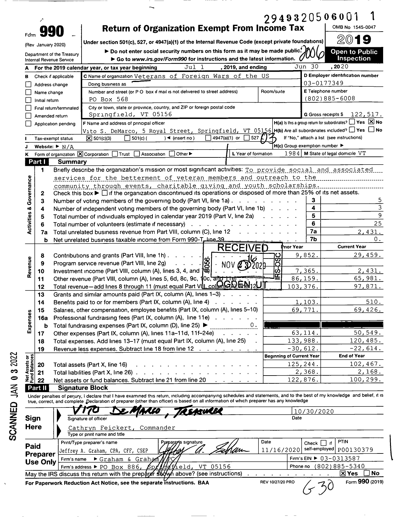 Image of first page of 2019 Form 990 for Veterans of Foreign Wars of the United States Dept of Vermont - 771 VFW-VT