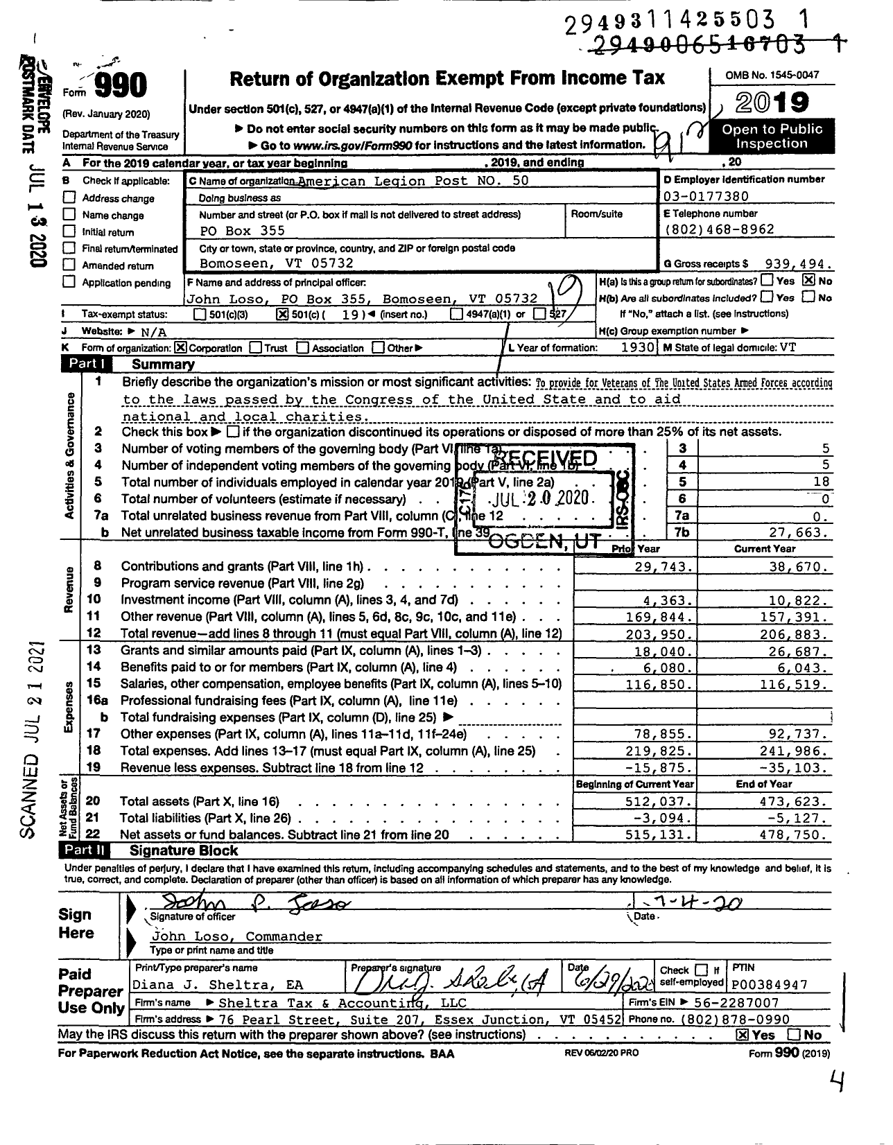 Image of first page of 2019 Form 990O for American Legion - 50 Crippen-Fellows